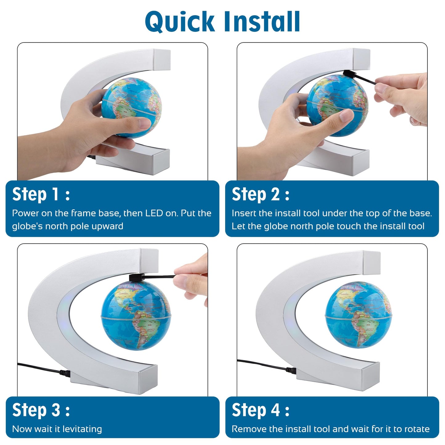 MOKOQI Magnetic Levitating Globe with LED Light, Cool Tech Gift for Men Father Boys and Girls , Birthday Gifts for Kids, Floating Globes World Desk Gadget Decor in Office Home/Display Frame Stand (Sliver)