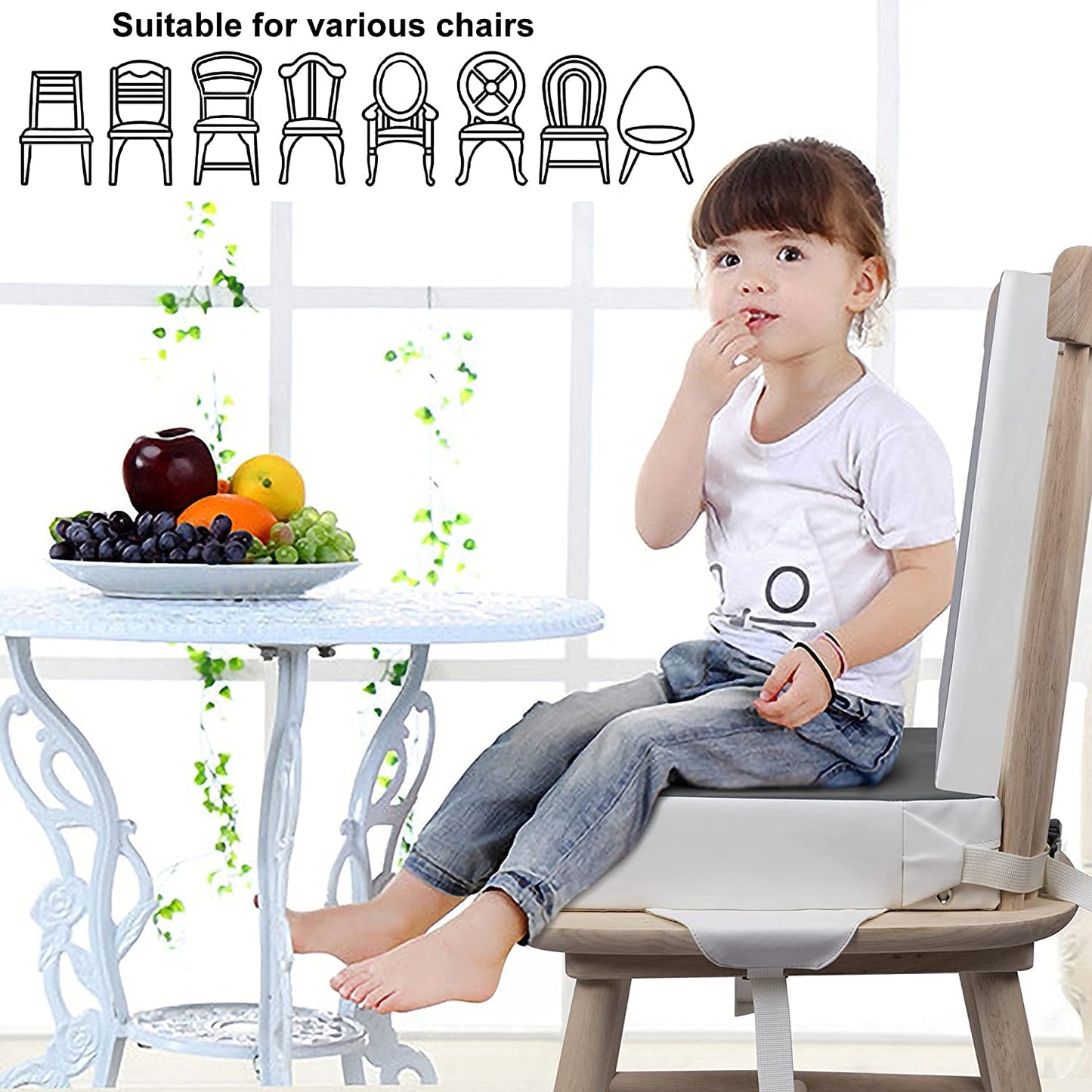 Kalawen Booster Seat for Eating, Upgraded 2Pcs PU Washable Straps Safety Buckle Toddler Booster Seat for Dining Table Portable(Grey)