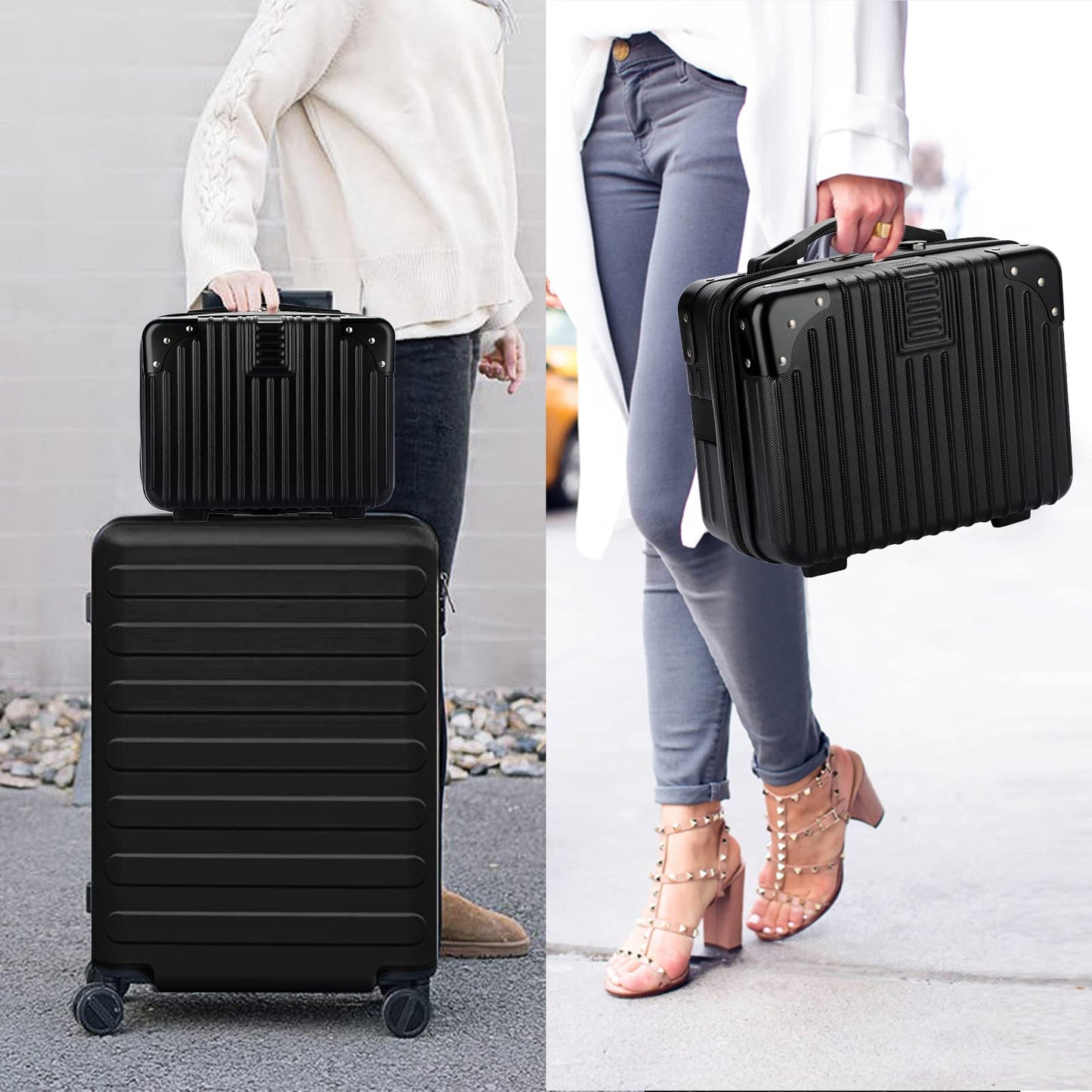 BSTKEY Portable Hard Shell Cosmetic Travel Case, Small Travel Hand Luggage with Elastic Band, Mini ABS Carrying Makeup Case Suitcase, Black, Fashion