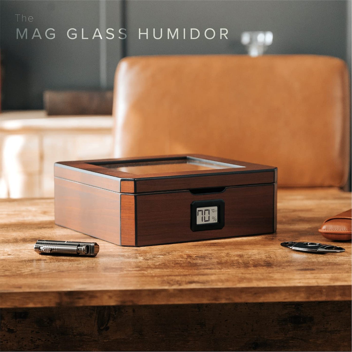 MAG Desktop Humidor, Walnut Finish, Holds 20-30 Cigars, Glass Top with Magnetic Seal, Octagon Shape, Digital Hygrometer, Spanish Cedar, New Hydro Channel, Includes Humidor Solution