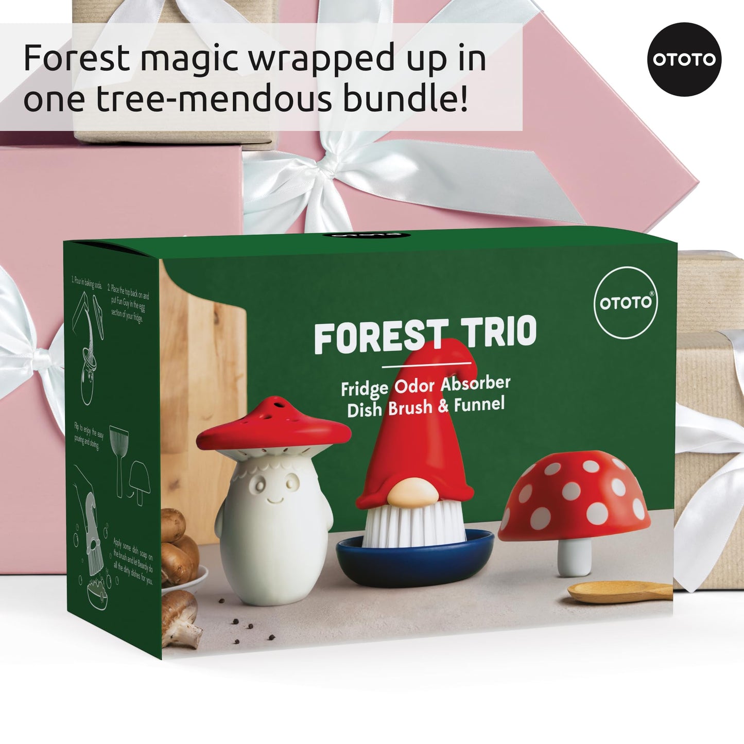 OTOTO Forest Trio Bundle of Beardy, Magic Mushroom, Fun Guy - Gnomes Dish Brush, Fungilicious Kitchen Funnel, Fridge Deodorizer, Mushroom Decor Cute Kitchen Accessories, Unique Mushroom Gnome Gifts