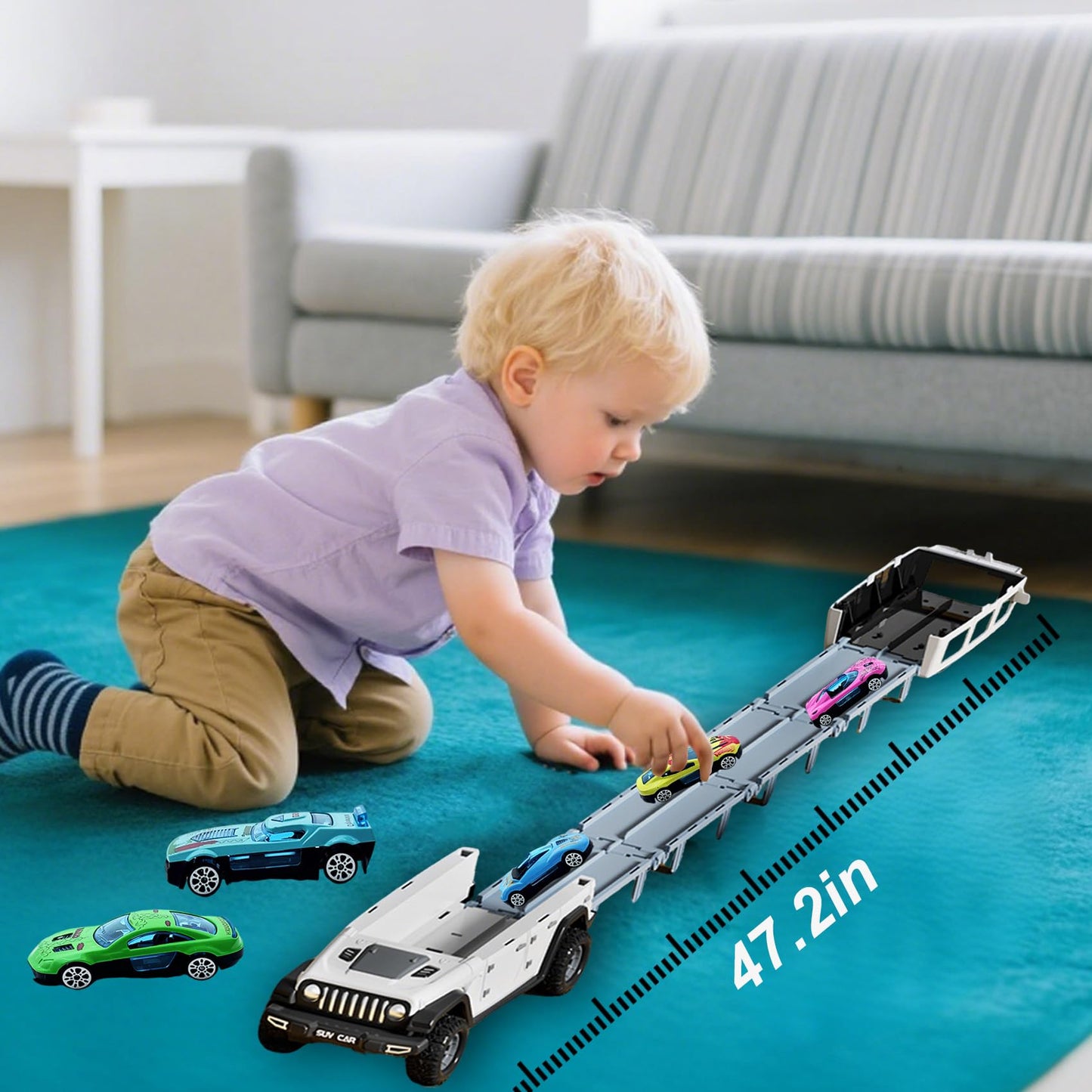 Bearbao Toddler Truck Toys for 3-8 Years Old Boys, Foldable 2 Layer Carrier Truck Transport Car Toys with 6 Metal Race Car with Light & Sounds, Toddler Car Toy Set Gifts for Boys Girls