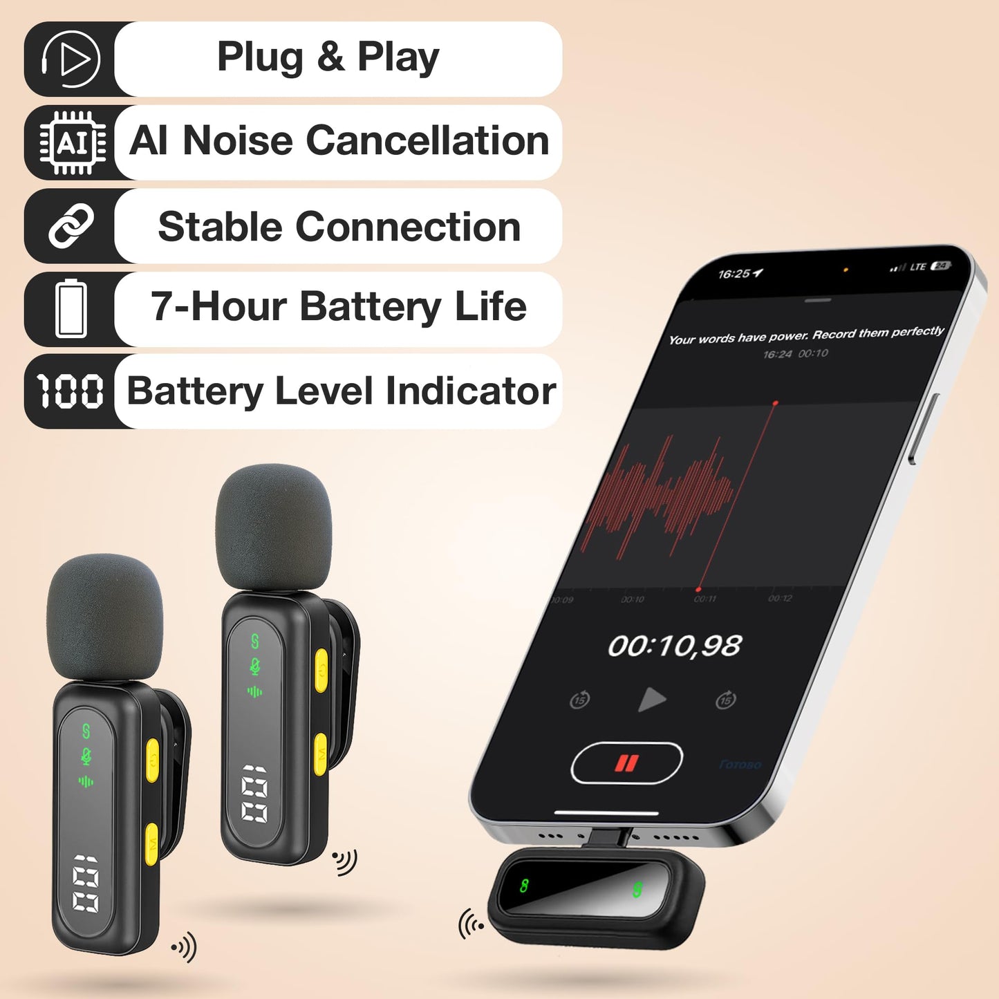 Wireless Lavalier Microphone for iPhone Mini Mic Android/Tablet/PC Video Recording Clip-on Mics with Rotatable Clip&Denoise Recording, Ideal for Vlog Tiktok YouTube Podcast Content Creator