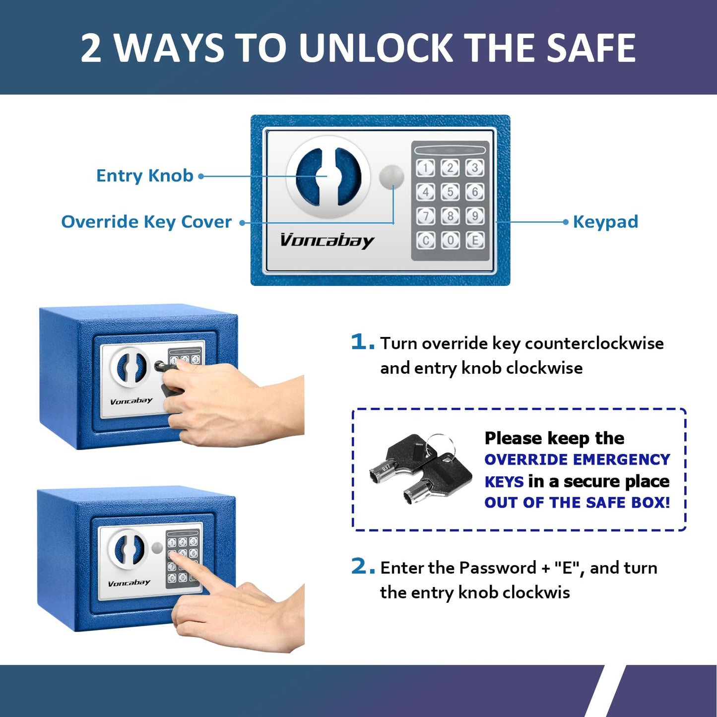 Voncabay Money Safe Box for Home with Sensor Light & Fireproof Security Safe Box for Money Safe with Keys & Pass Code, Lock Box Fireproof Safe with Digital Keypad Blue