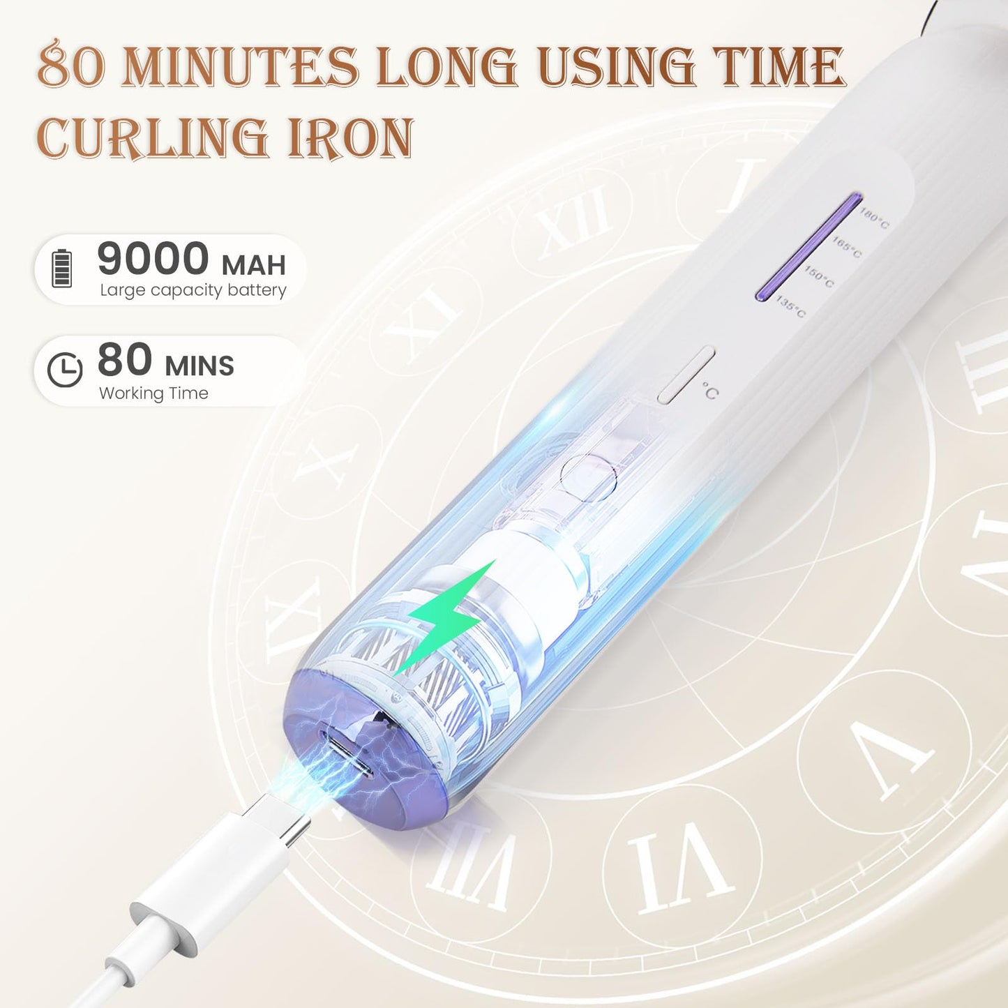 9000 mAh Rechargeable Cordless Curling Iron, Up to 400°F USB 28MM Cordless Hair Curlers Wireless Curling Wand with 4 Temps, 80 Mins Use Time Portable Ceramic Travel Curling Iron for Short & Long Hair