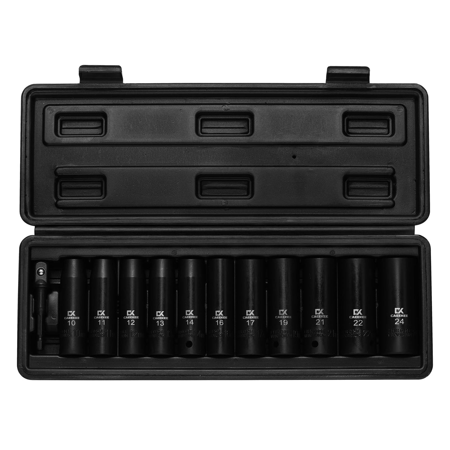 CaeeKee 12-Piece 1/2" Drive Deep Impact Socket Set, Metric (10mm - 24mm), 12-Point, Cr-V Steel, Includes Drill Socket Adapter