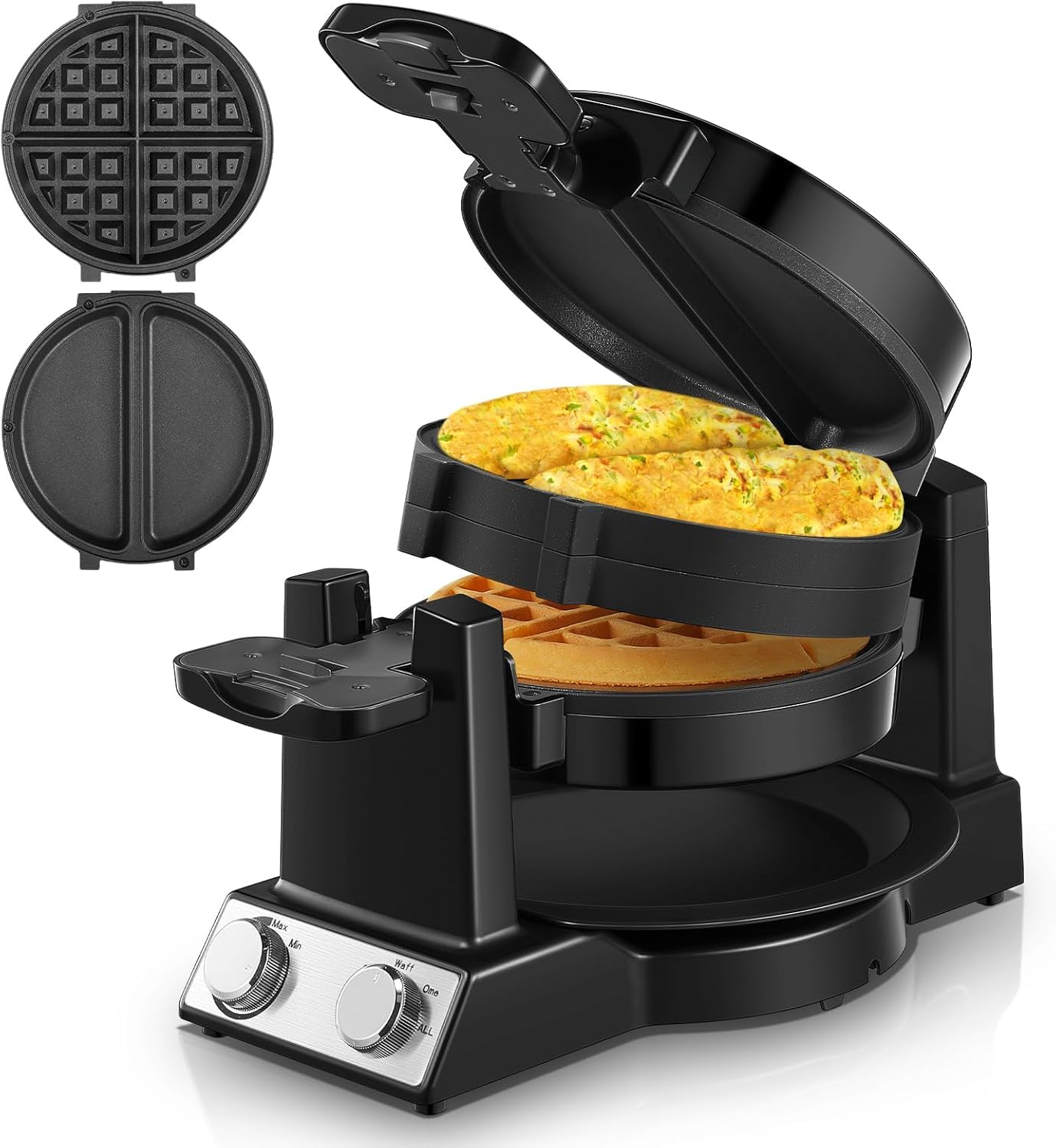 FOHERE 2-in-1 Waffle Maker & Omelette Maker, 1400W 180° Rotating Waffle Iron with Double Waffle Plates, Adjustable Browning Control, Rotating & Nonstick Pans, Removable Drip Tray, Cool Touch Handle