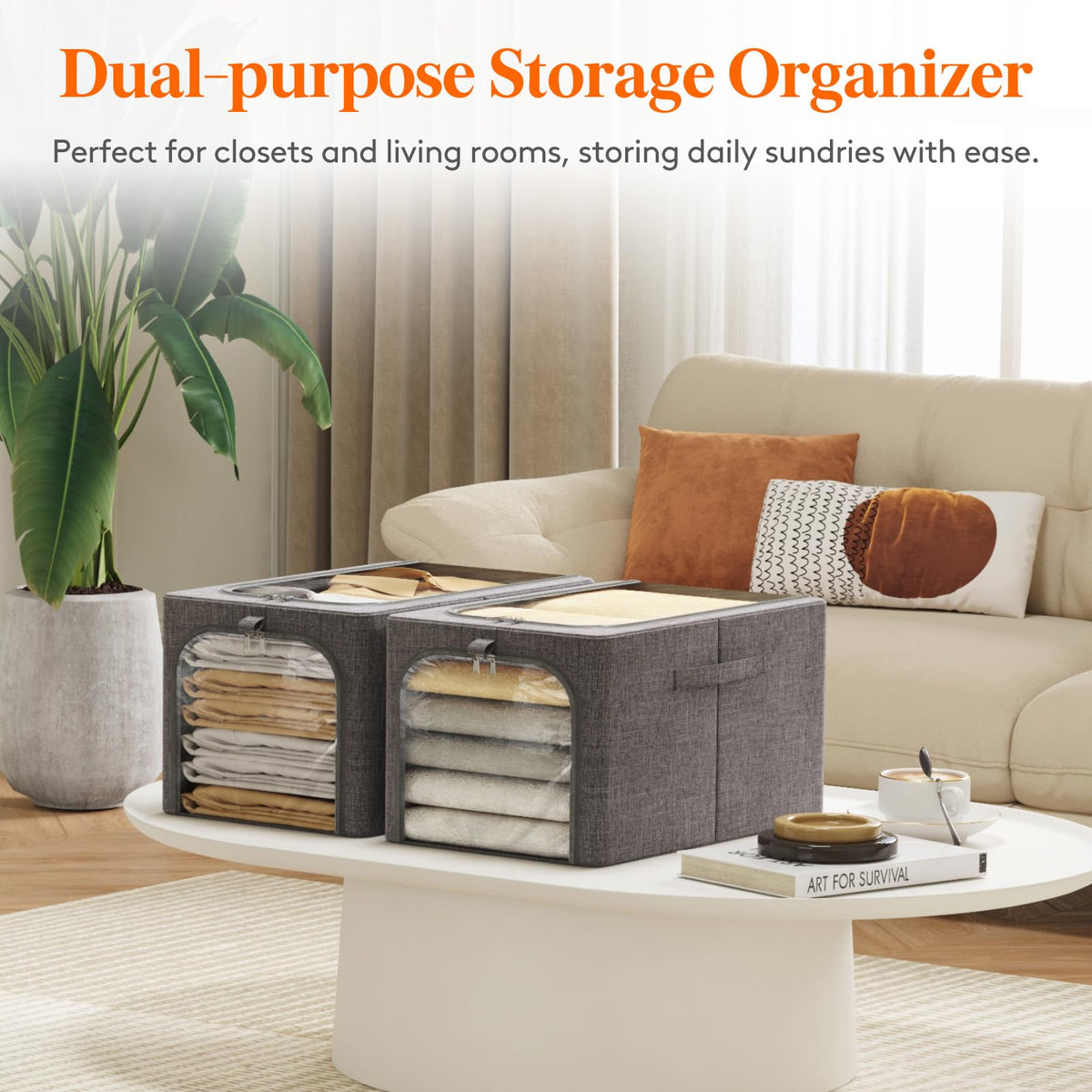 Lifewit 4 Pack Clothes Storage Bins with Metal Frame, Foldable Clothing Storage Bins, 40L Stackable Storage Box Storage Bags Fabric Bins Organizer with Lids, Clear Window& Zippers& Sturdy Handles