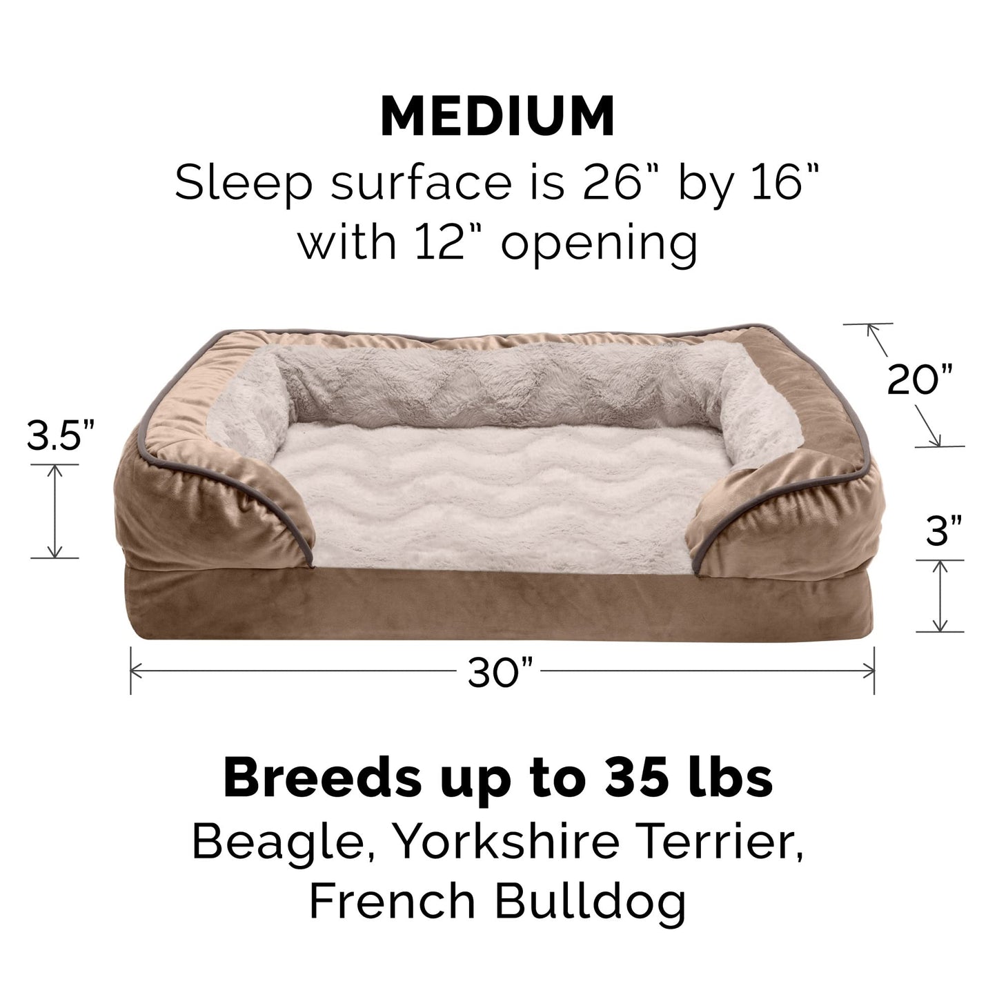 Furhaven Cooling Gel Dog Bed for Medium/Small Dogs w/Removable Bolsters & Washable Cover, for Dogs Up to 35 lbs - Plush & Velvet Waves Perfect Comfort Sofa - Brownstone, Medium