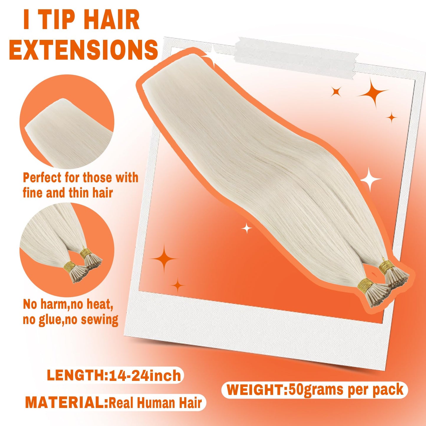 Sunny Hair I Tip Hair Extensions Real Human Hair 50g Straight Remy Human Hair Extensions for Women Itip White Platinum Blonde 14inch