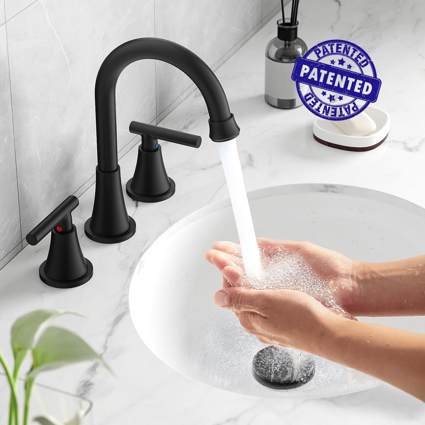 Bathroom Faucets for Sink 3 Hole, Hurran Matte Black Bathroom Sink Faucet with Pop-up Drain and Supply Lines, Stainless Steel Lead-Free Widespread Faucet for Bathroom Sink Vanity RV Farmhouse Sink