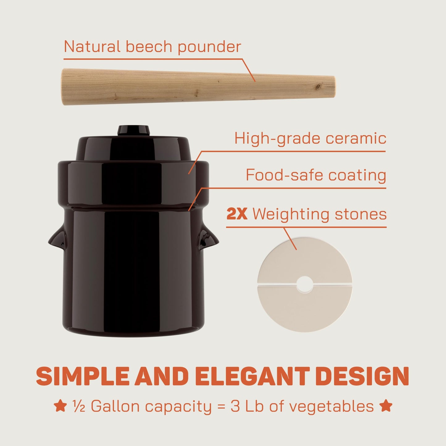 Fermentation Crock 2 Litre - Sauerkraut Crock with Lid, Weights & Pounder - Ceramic Fermenting Crock Kit for Pickling Cabbage Kimchi Vegetables - 2-Litre Fermentation Jar - Stoneware Pickle Pot