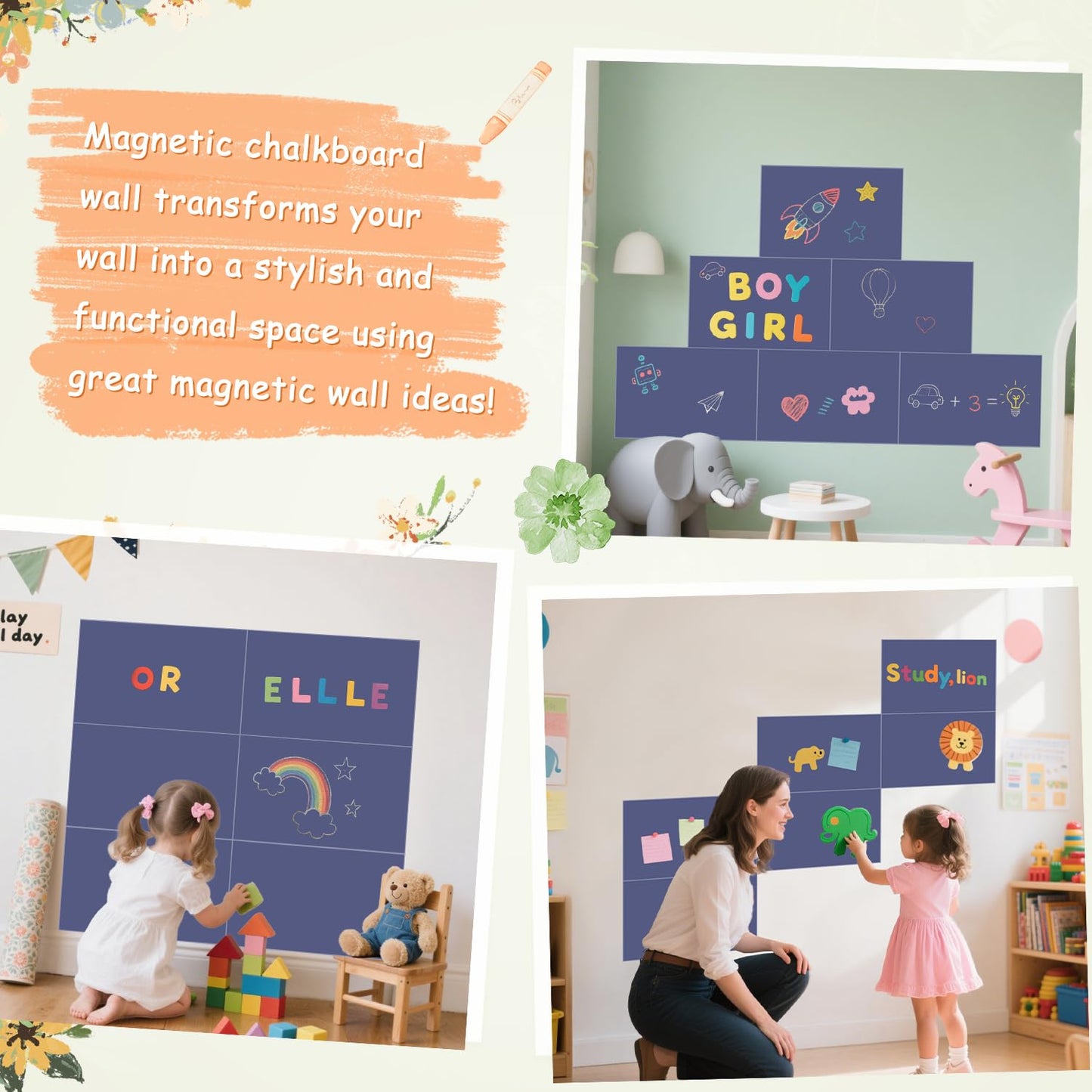FANPROMS Magnetic Chalkboard Wall Decal Set of 6 Peel and Stick Magnet Sheets with Chalk Tangram Puzzle and Multiple Accessories Dusty Blue Magnetic Chalk Boardfor Home Playroom and Classroom