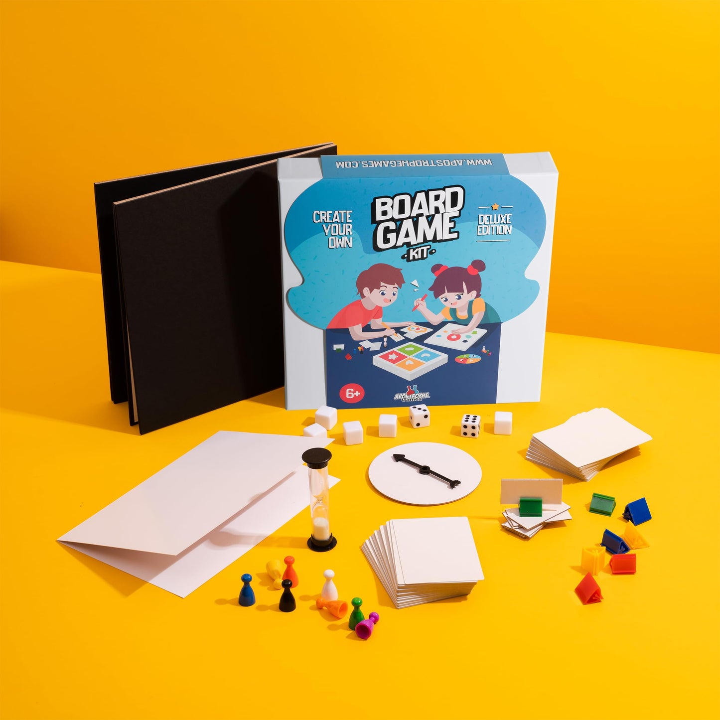 Create Your Own Board Game (Blank Game Board, Box & Accessories) Deluxe Pack with Game Pieces, Blank Cards, Rule Sheet, Sand Timer, Dice and More. DIY Board Game, Build Your Own Custom Board Game