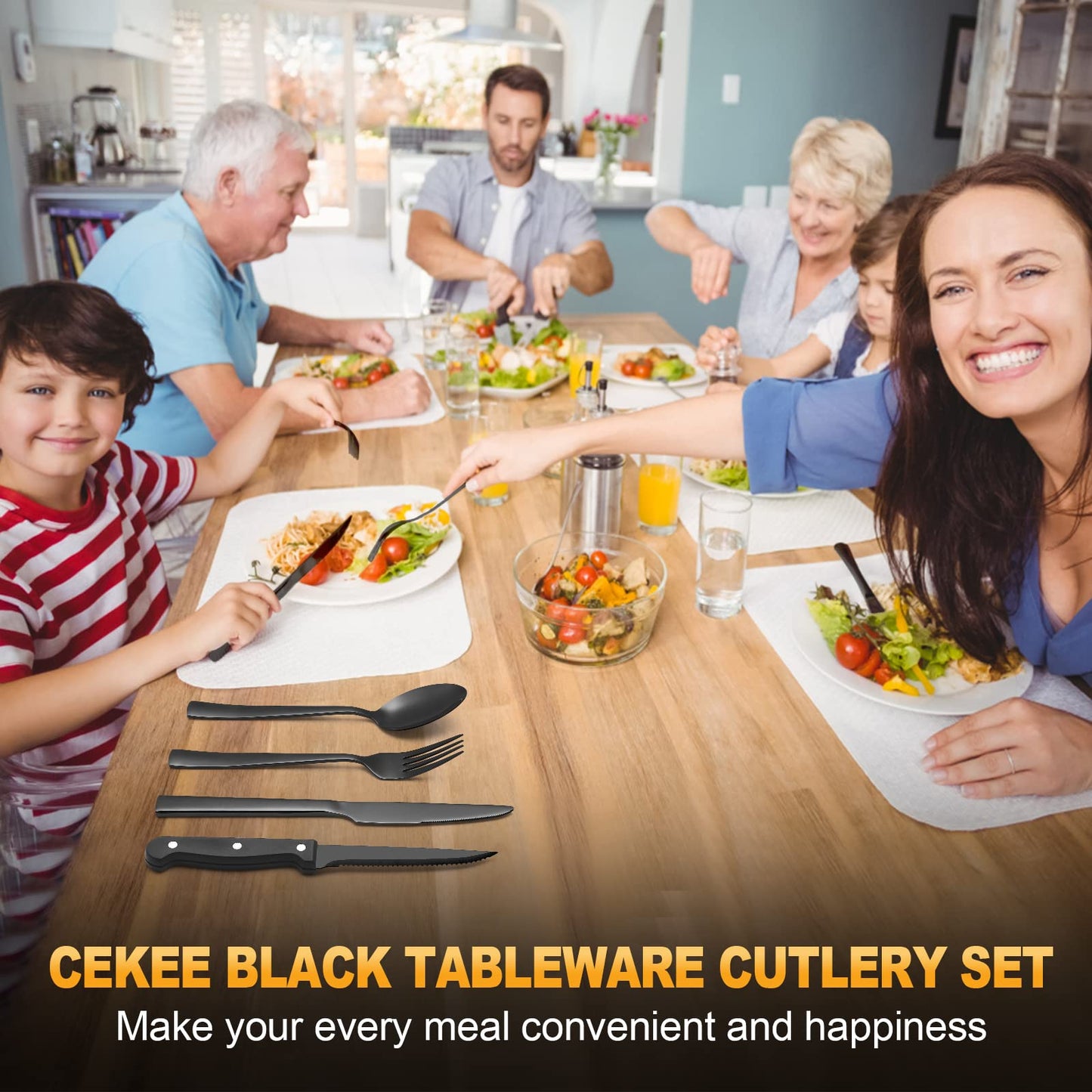 24-Piece Stainless Steel Black Silverware Set - CEKEE Flatware Kitchen Utensils Cutlery Set for Home & Restaurant, Premium Knife Fork Spoon with Steak Knives, Heavy Duty & Dishwasher Safe