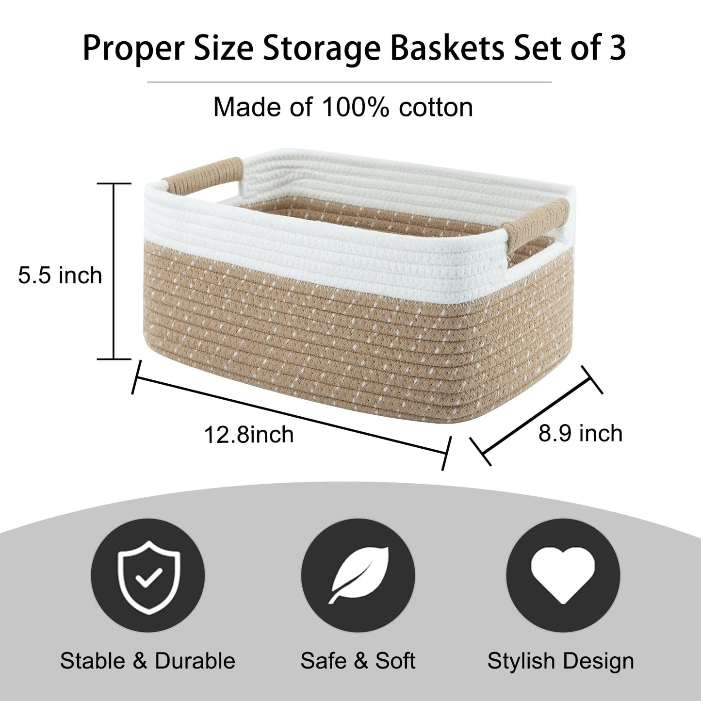 OIAHOMY 12.8x9x5.5in Woven Baskets for Storage, Storage Baskets for Shelves, Cotton Rope basket set of 3, Decorative Storage Baskets, Rectangle Basket With Handles,Brown and White