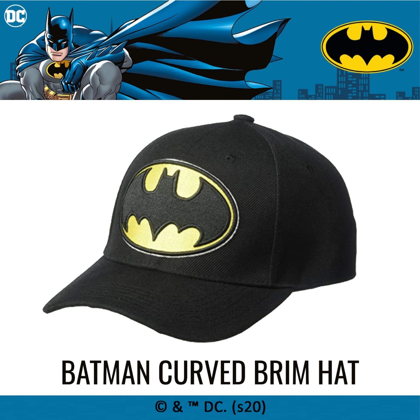 DC Comics Batman Baseball Hat, Embroidered Logo Adjustable Cap with Curved Brim, Black, One Size, Black/Yellow, One Size