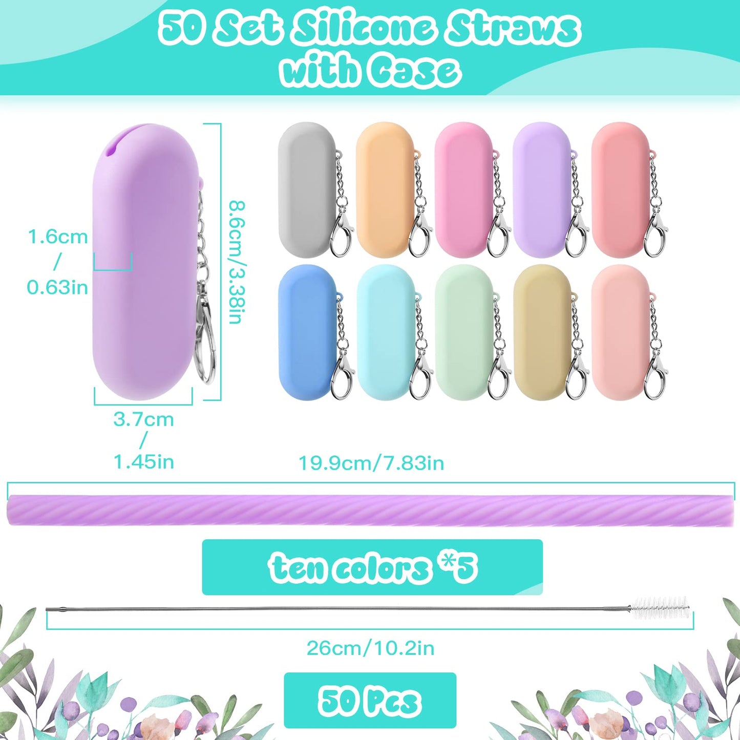 Rtteri 50 Sets Reusable Foldable Silicone Straws Travel Collapsible Portable Straws with Case Long Cleaning Brushes and Keychain for Home Party Travel Picnic Cold Hot Drink