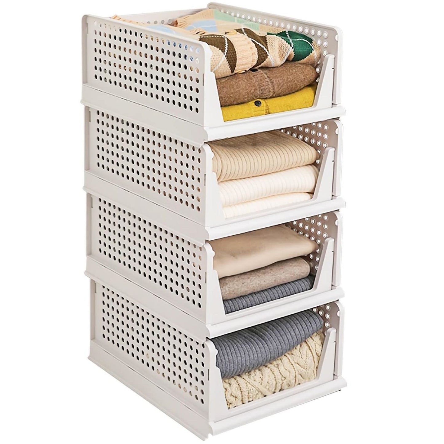 Stackable Plastic Storage Basket, Foldable Closet Organizers and Storage Bins, Drawer Organizer for Clothes, Storage Box for Wardrobe Kitchen Bathroom Office Dorm - 4 Pack L