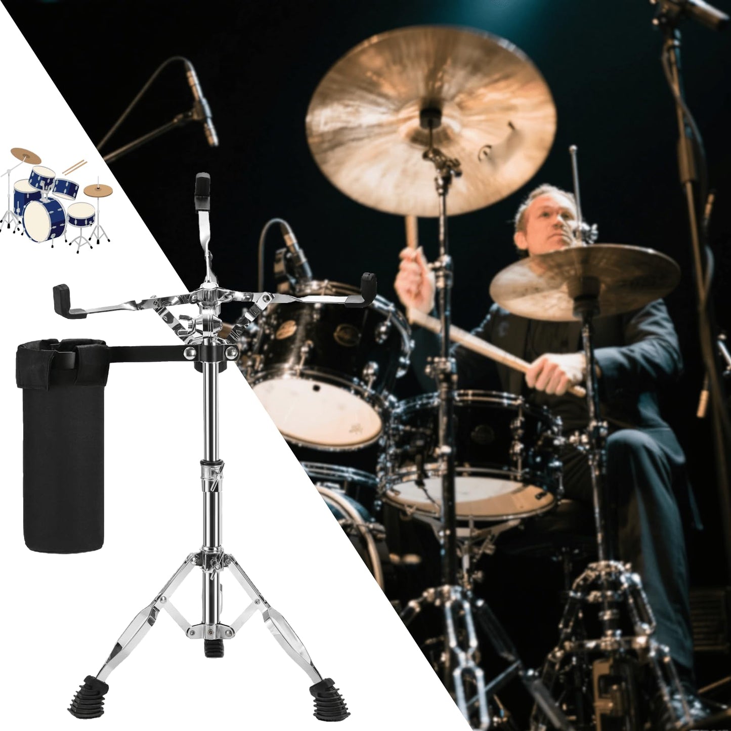YOUEON Snare Drum Stand with Drum Sticks Holder, Double Braced Tripod Snare Stand Fit for 10 to 14 Inch Snare Drum, Drum Pad, Adjustable Height 14.5 to 23 Inches for Drum Beginners, Lightweight
