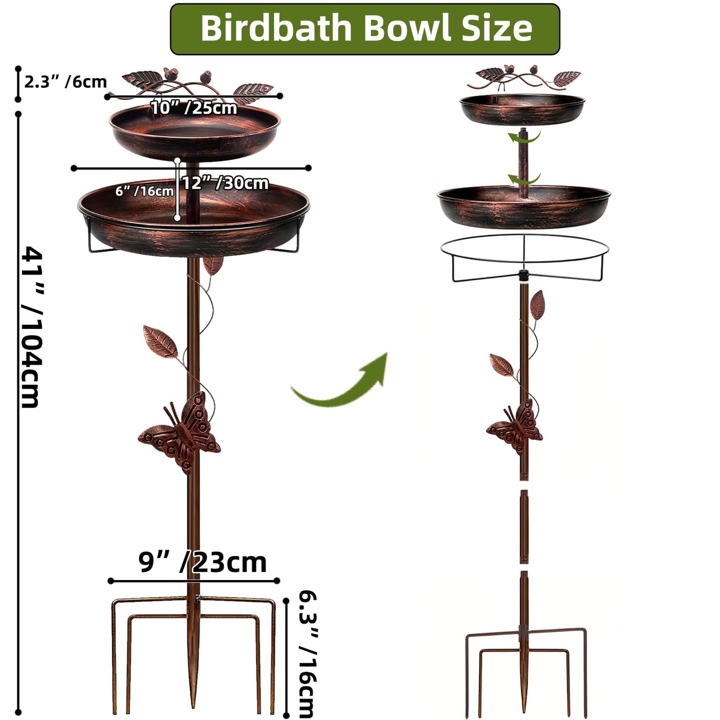emopaw Outdoor Bird Bath with Metal Base, 41 inch Height, Freestanding Garden Decor, Large Capacity Bowl, 5-Prong Stake (41inch, 2-Tier, Butterfly)
