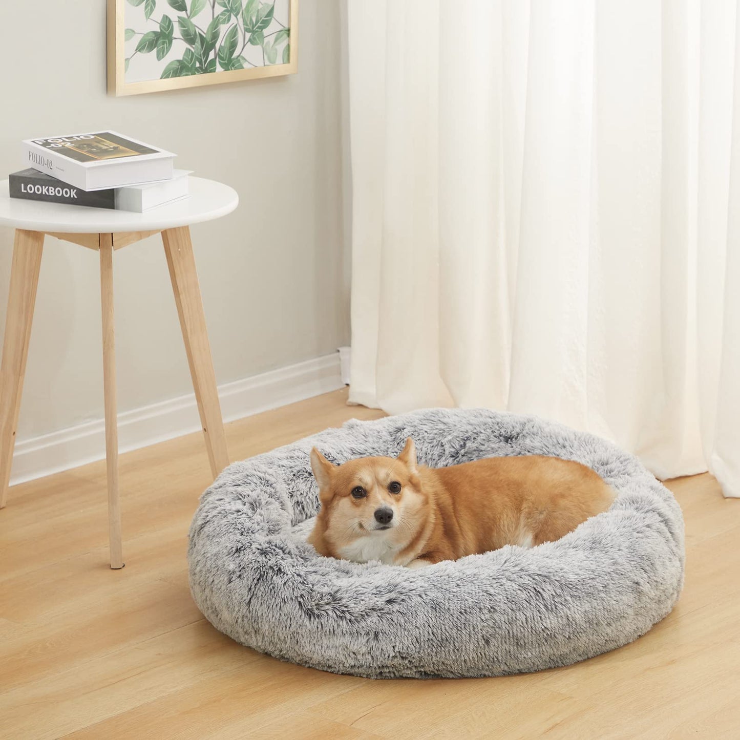 Bedfolks Calming Donut Dog Bed, 30 Inches Round Fluffy Dog Beds for Medium Dogs, Anti-Anxiety Plush Dog Bed, Machine Washable Pet Bed (Dark Grey, Medium)