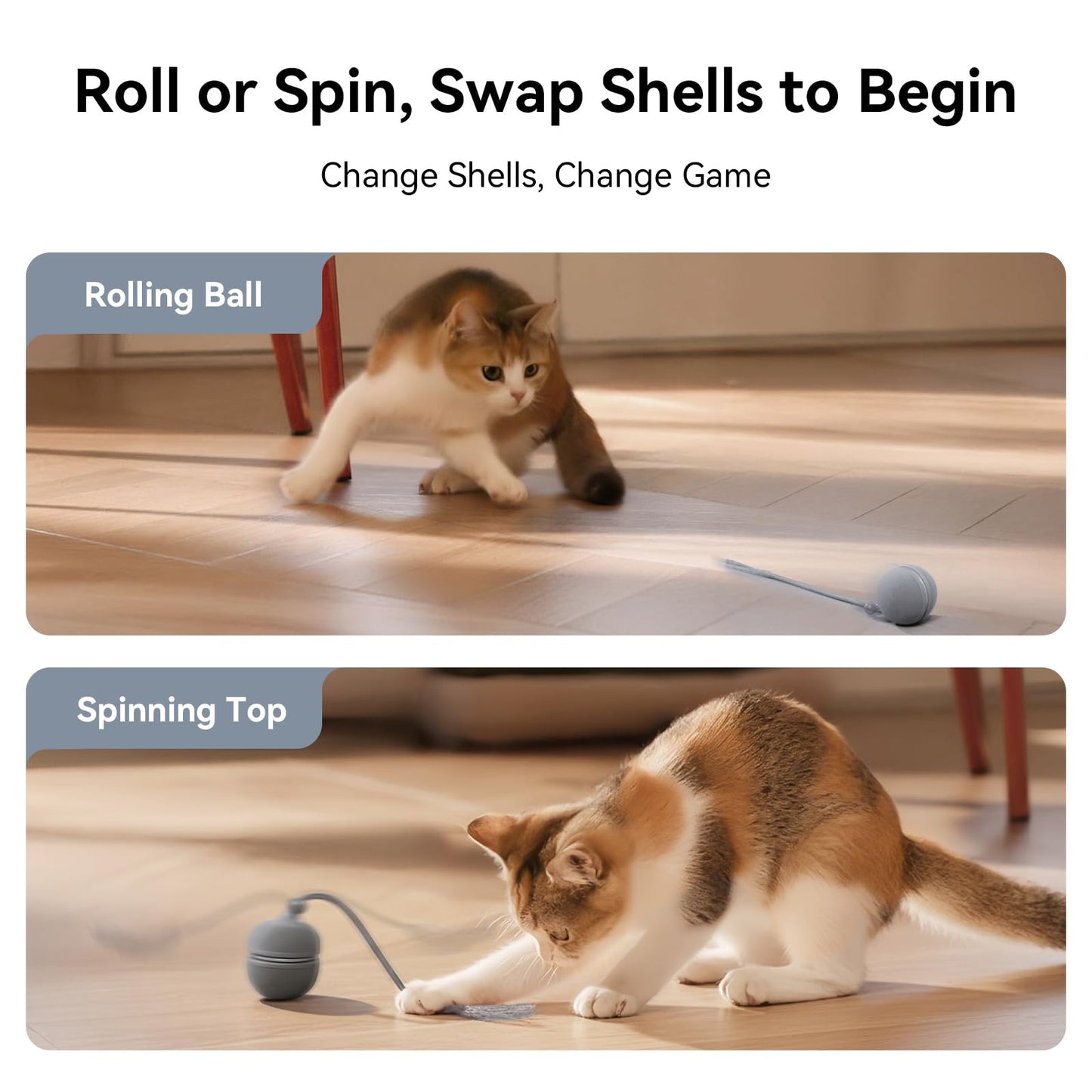 Cheerble 2 in 1 Interactive Cat Toys for Indoor Cats - Wicked Ball Duo2, Automatic Rolling Ball & Spinning Top, 6 Play Ways with Bird Chirping and Speedy Tail, LED Rechargeable Cat Toy for Kittens
