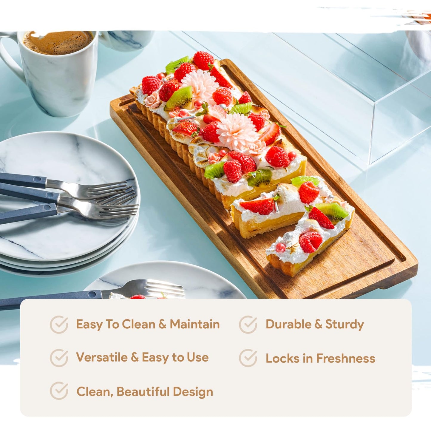 HOMESPHERE Cake Display with Lid – Acacia Wood Dessert Stand & Wooden Charcuterie Board with Lid for Loaf Cakes, Bread, Pastries, Cheese, Large Rectangle Wood Tray Platter & Acrylic Cover, 15 x 6.25”