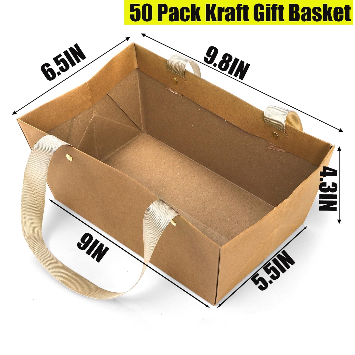 Cedilis 50 Pack Kraft Gift Basket with Handles, 9.8'' x 6.5'' x 4.3'' Empty Paper Basket for Party Gifts, Anniversary, Wedding, Easter, Crafts, Brown