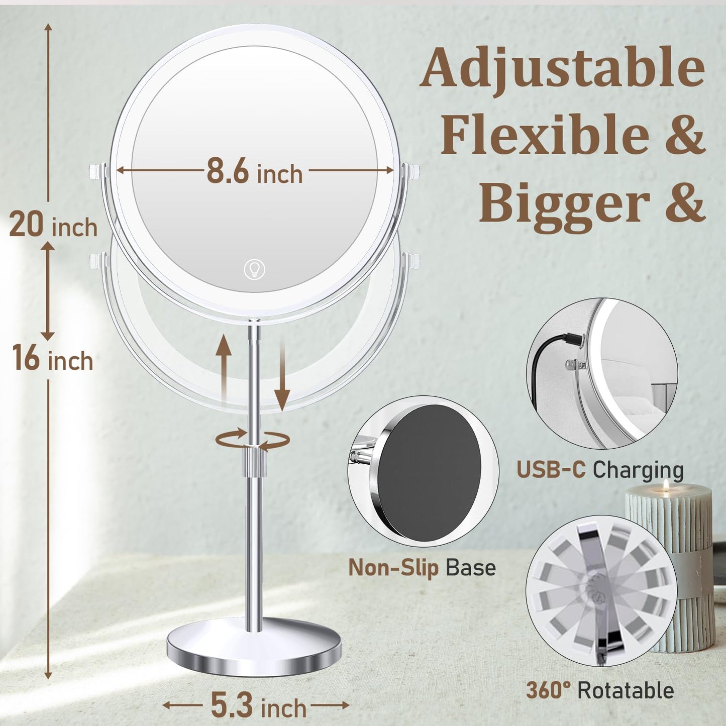 9inch Makeup Mirror with Lights, 1x/20x 5000mAh Rechargeable Magnifying Mirror with Light, 360° Rotate Bathroom Mirror with Lights, 3 Color, 80 LEDs, Stepless Dimmable