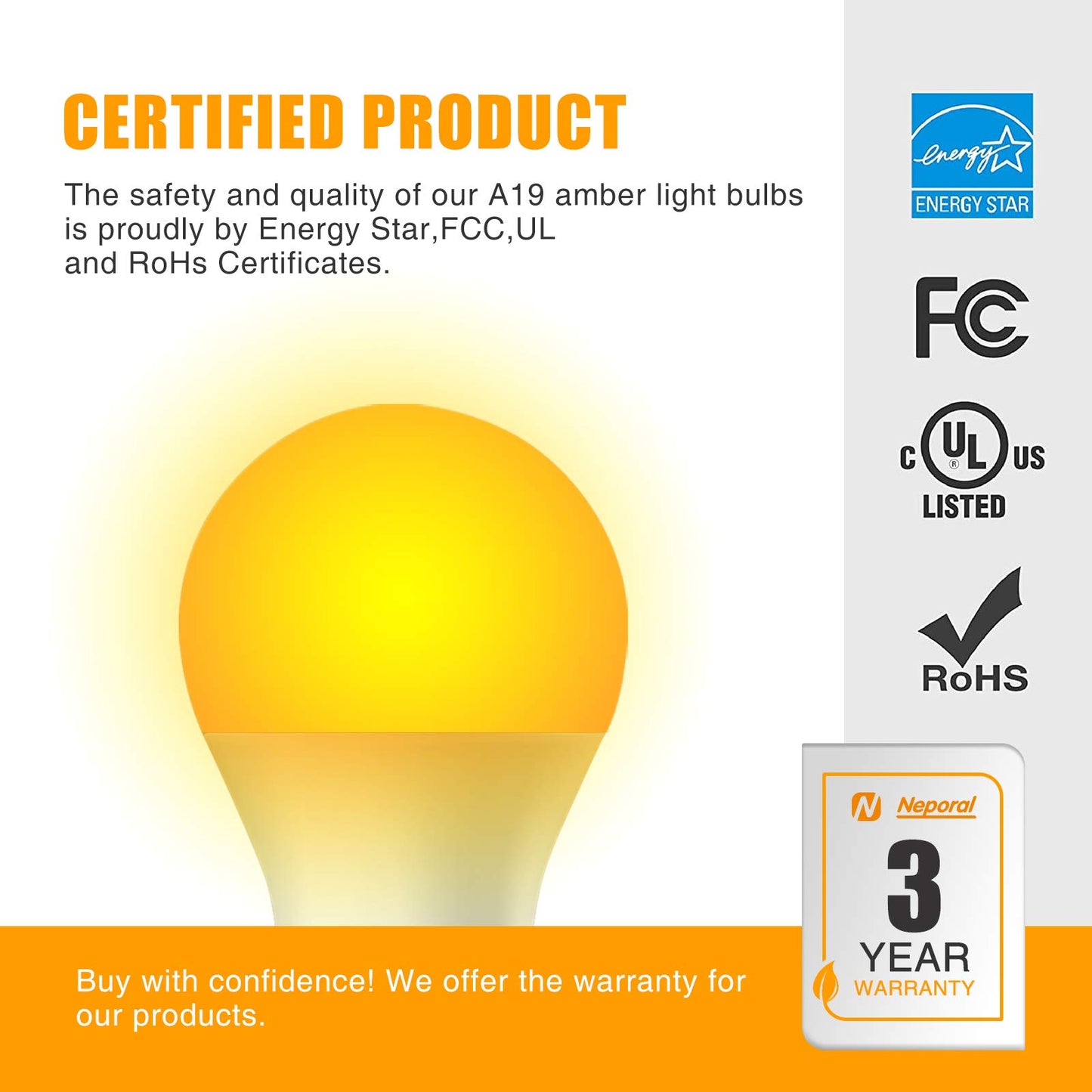 Neporal Amber Light Bulbs 9W, Soft Warm Sleep Light Bulbs 60W Equivalent, Blue Light Blocking Amber Night Light Bulbs 1800K, Bedtime Light Bulb for Healthy Sleep (3)