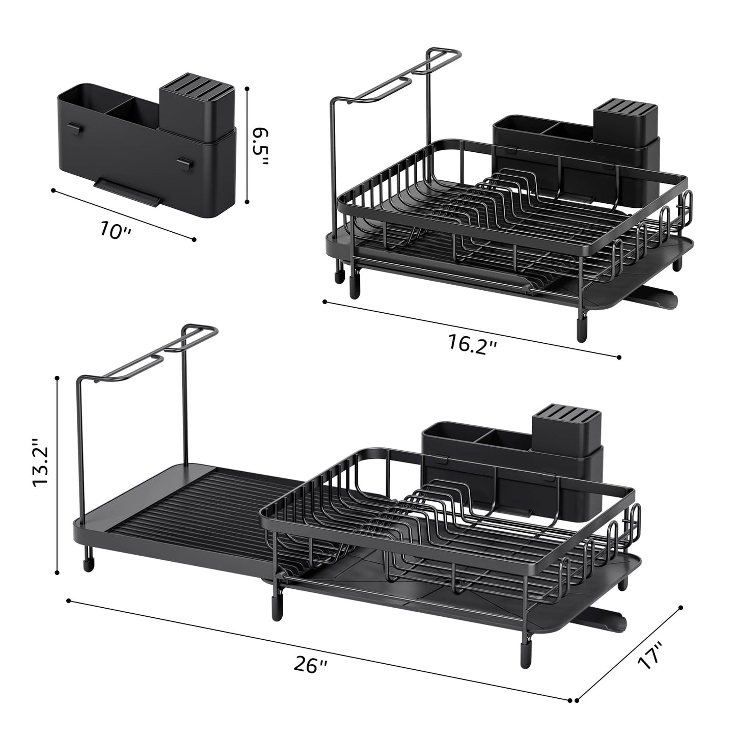 Urackify Large Dish Drying Rack, Expandable Dish Rack with Drain Board, Dish Drainer for Kitchen Couter, Dish Dryer Rack with Cups and Cutlery Holders, Matte Black