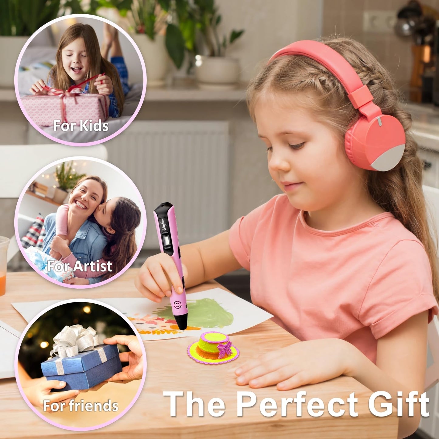 3D Pen for Kids, 3D Printing Pen Printer with 150ft PLA Filament Refills, 3-Dimensional Craft Drawing Art Set, stylo impression enfant 3-D Crayon Pencil Doodler,Gift for Boy Girl Teen 8-12(NP100,Pink)