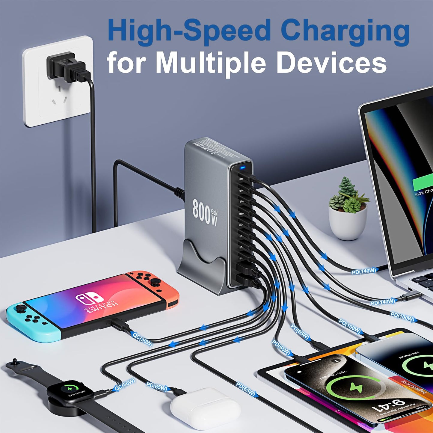 800W USB C Fast Charging Station, 10-Port USB C Charger Block GaN Ⅲ Pro Dual 140W PD PPS Port,Portable Charging Station for iPhone,Samsung Galaxy.Compatible with MacBook Pro/Air,DELL,iPad,HP