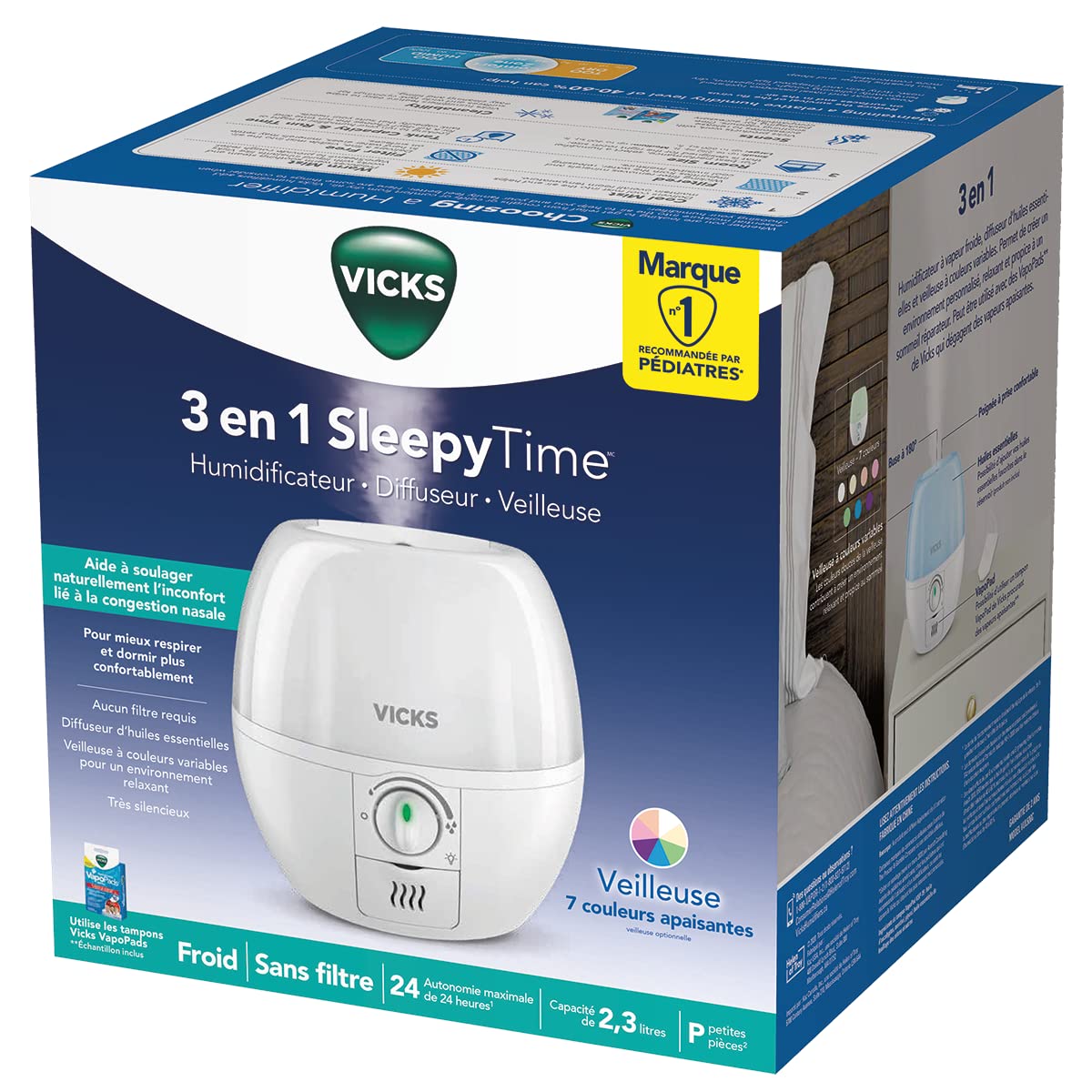 Vicks VUL500C 3-in-1 SleepyTime Ultrasonic Humidifier Diffuser Night-Light, Small Humidifier for Baby, Bedroom, Office Desk, with Variable Output Control, Scent Pad Slots, Auto Shut-Off, 2.3L/0.6Gal