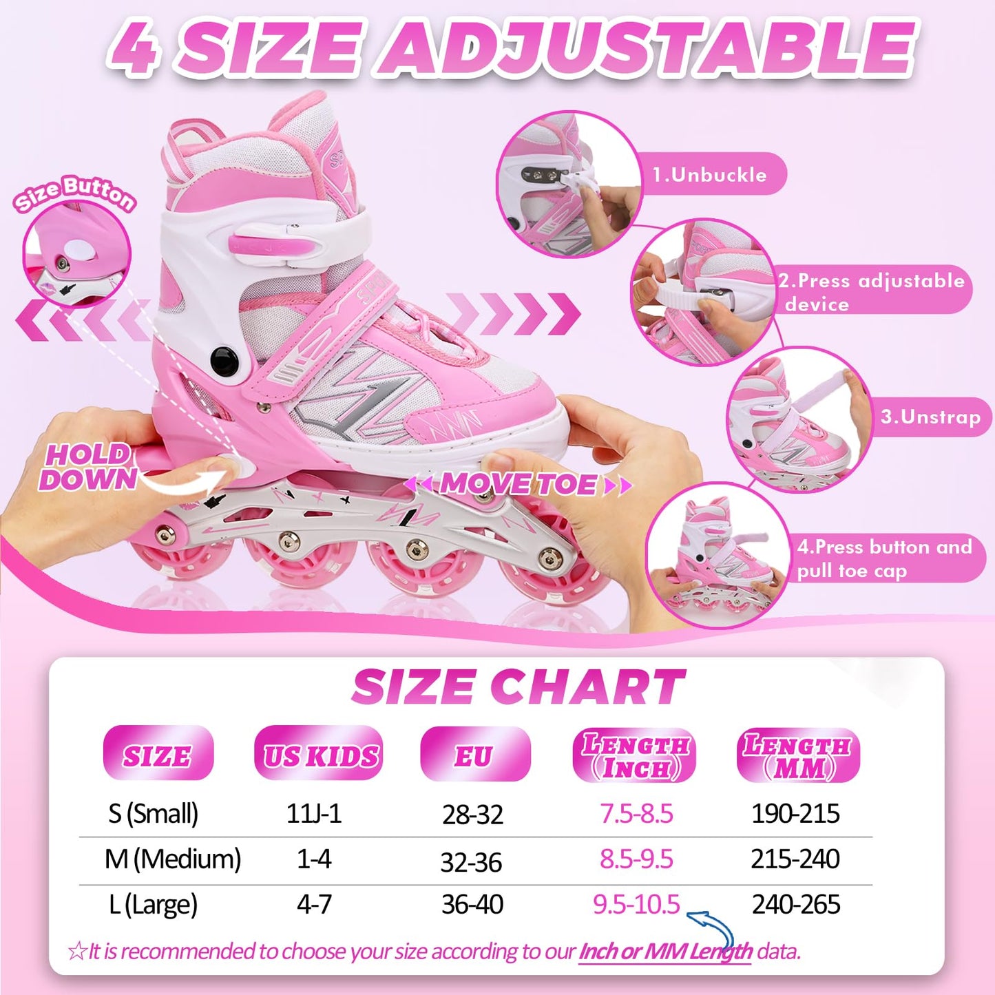 Adjustable Inline Skates for Kids Girls Children Beginners, Pink Inline Roller Skates with Light Up Wheels for Kids and Youth for Sports (Small)