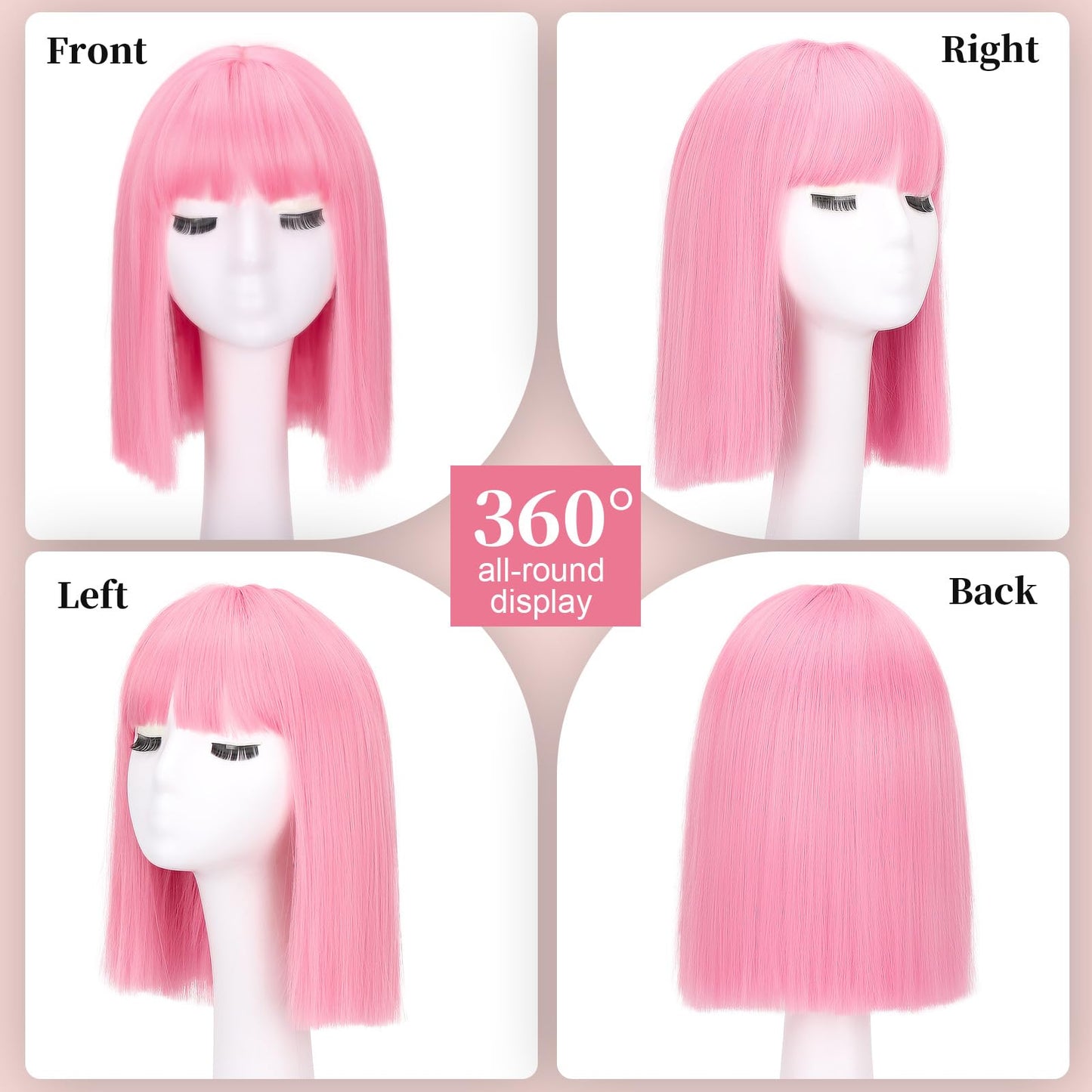 SUKRI Bob Pink Wig with Short Bangs Pink Bob Wig for Women Straight Bob Bangs 12 Inch Heat Resistant Natural Synthetic Hair Daily Use