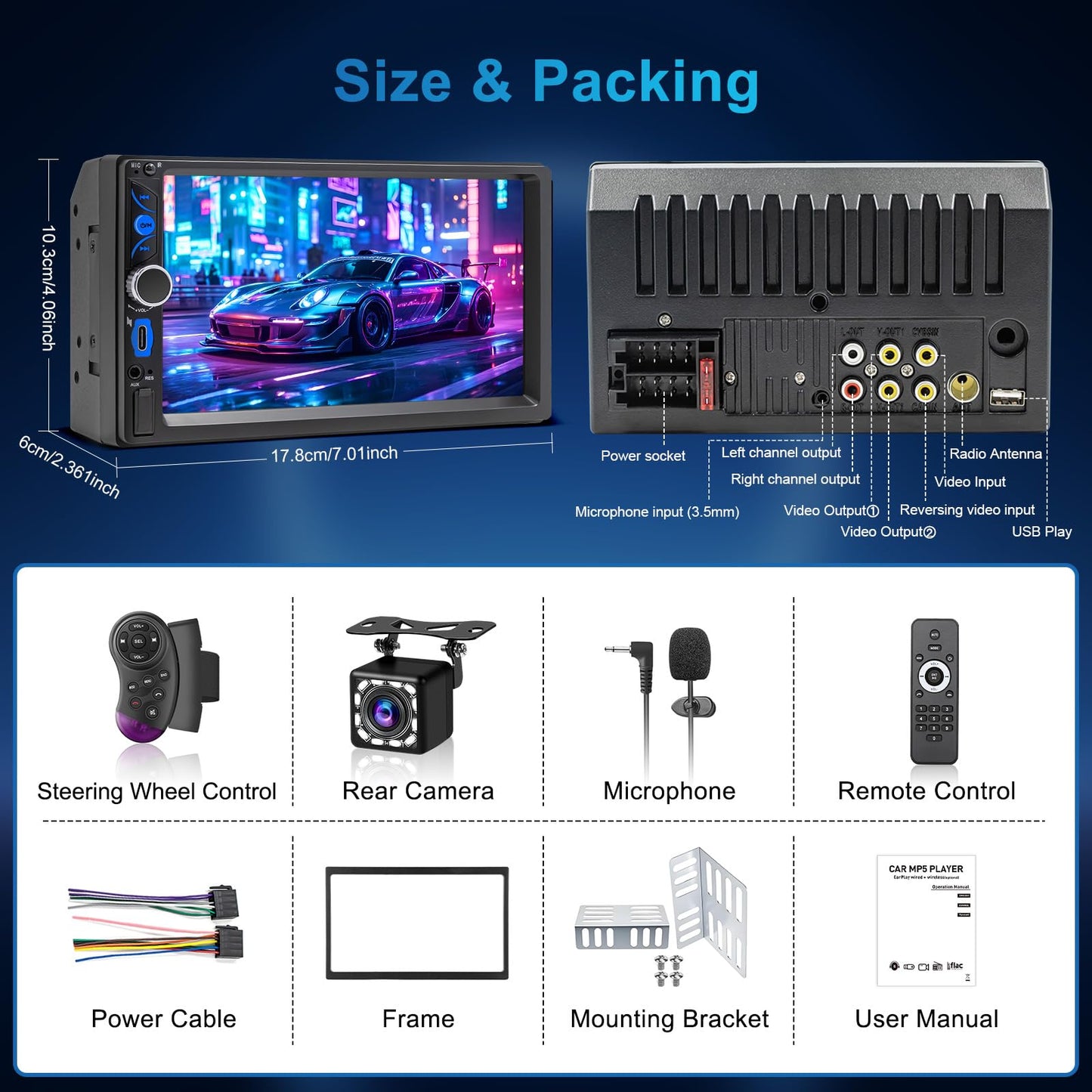 7" Wireless Double Din Car Stereo Carplay Radio Screen for Car Audio Receivers, Car Stereo with Backup Camera, Car Play Android Auto Touchscreen, Mirror Link, Bluetooth, SWC, AM/FM, Type-C