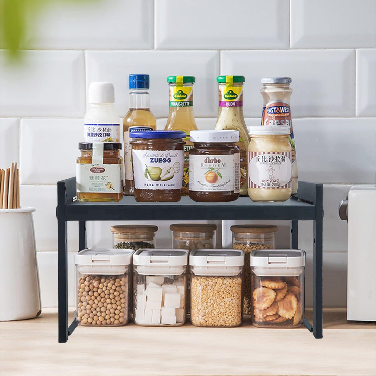 Expandable Cabinet Shelf 13.8-26"(L), Stackable Kitchen Counter, Kitchen Spice Rack Pantry, Djustable Cupboard Organizer Storage Rack for Office (Black,2pack S)