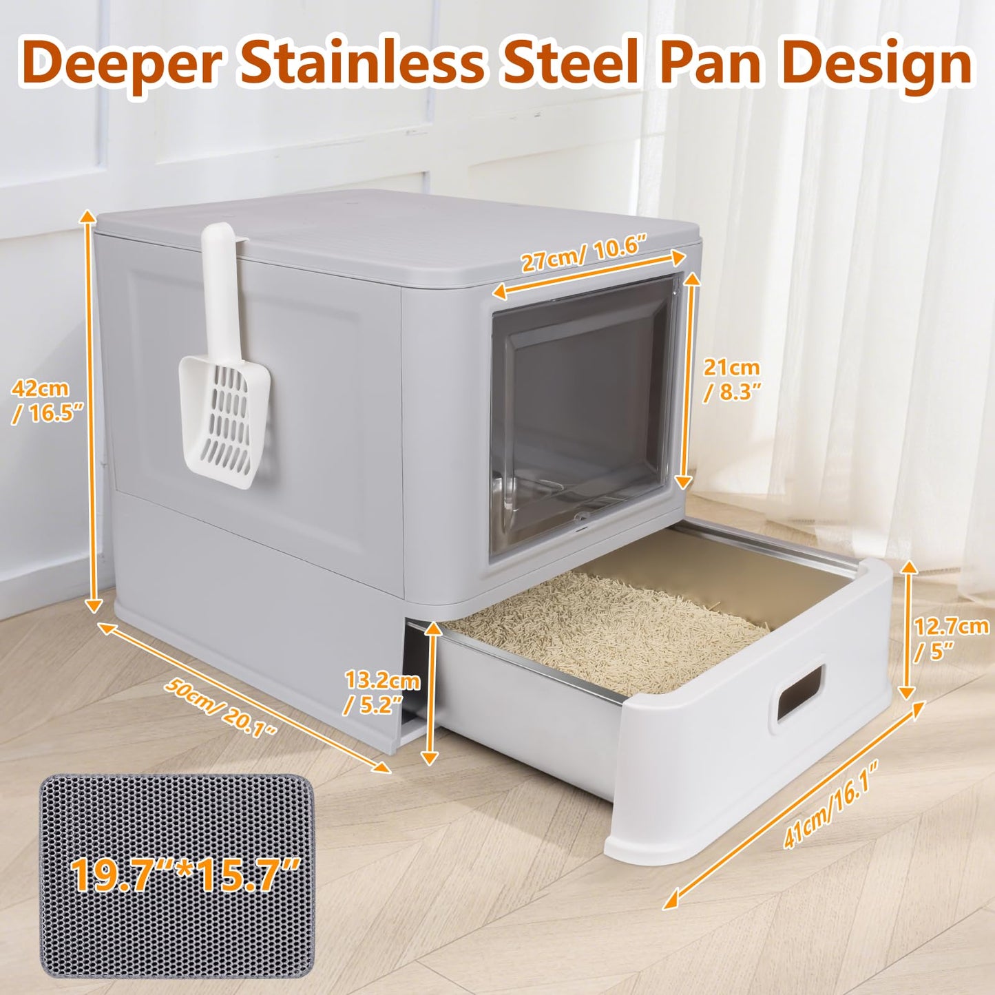 GOYJOY Enclosed Stainless Steel Cat Litter Boxes,Large Foldable Litter Box with Lid,Hooded Covered Stainless Steel Cat Litter Box,Easy Cleaning,No Urine Leakage,Deeper Pan,with Litter Mat
