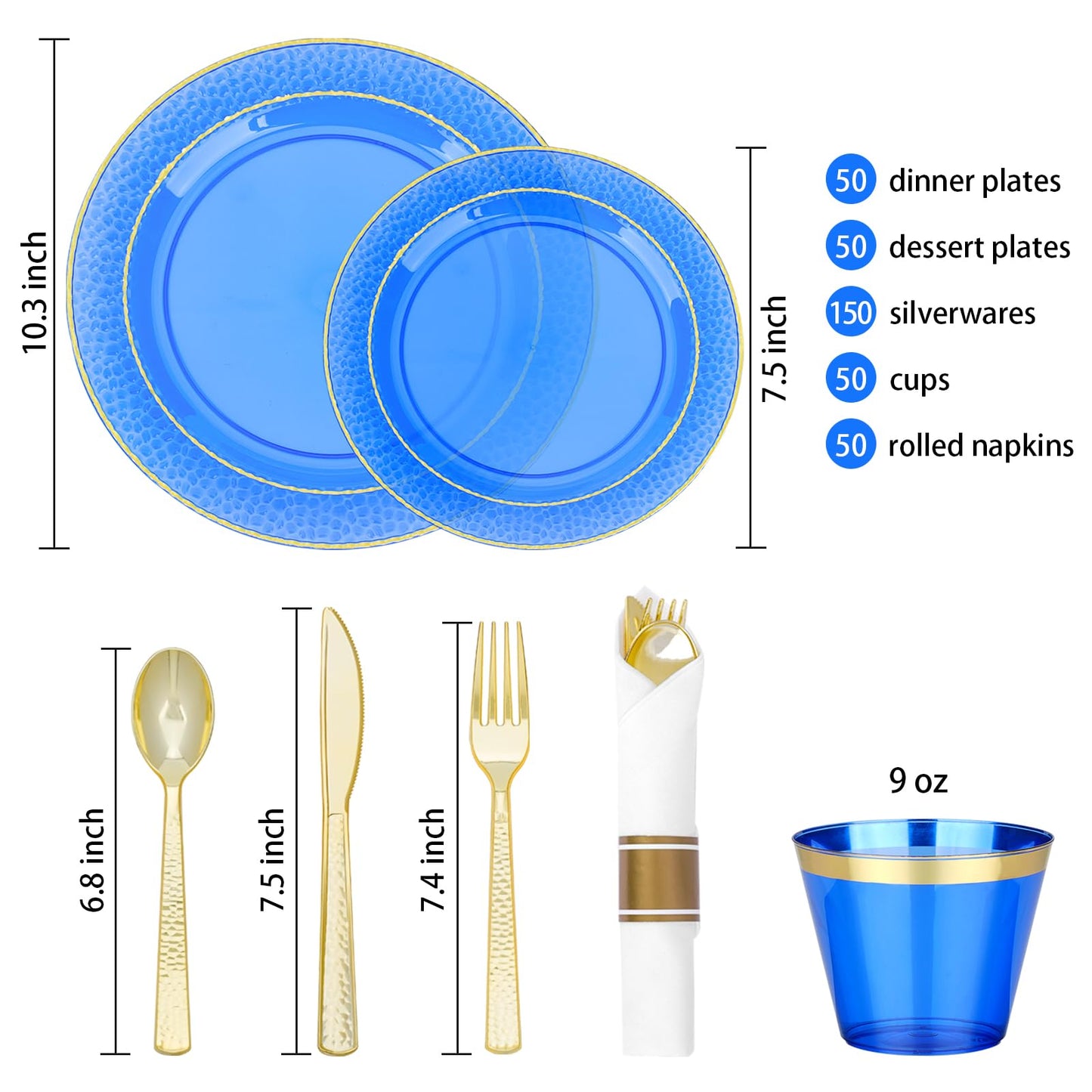 350PCS Clear Blue Plastic Plates for 50 Guests, Disposable Dinnerware Set for Party and Graduation, Includes 100 Plastic Plates, 50 Pre Rolled Napkins with Gold Silverware, 50 Cups