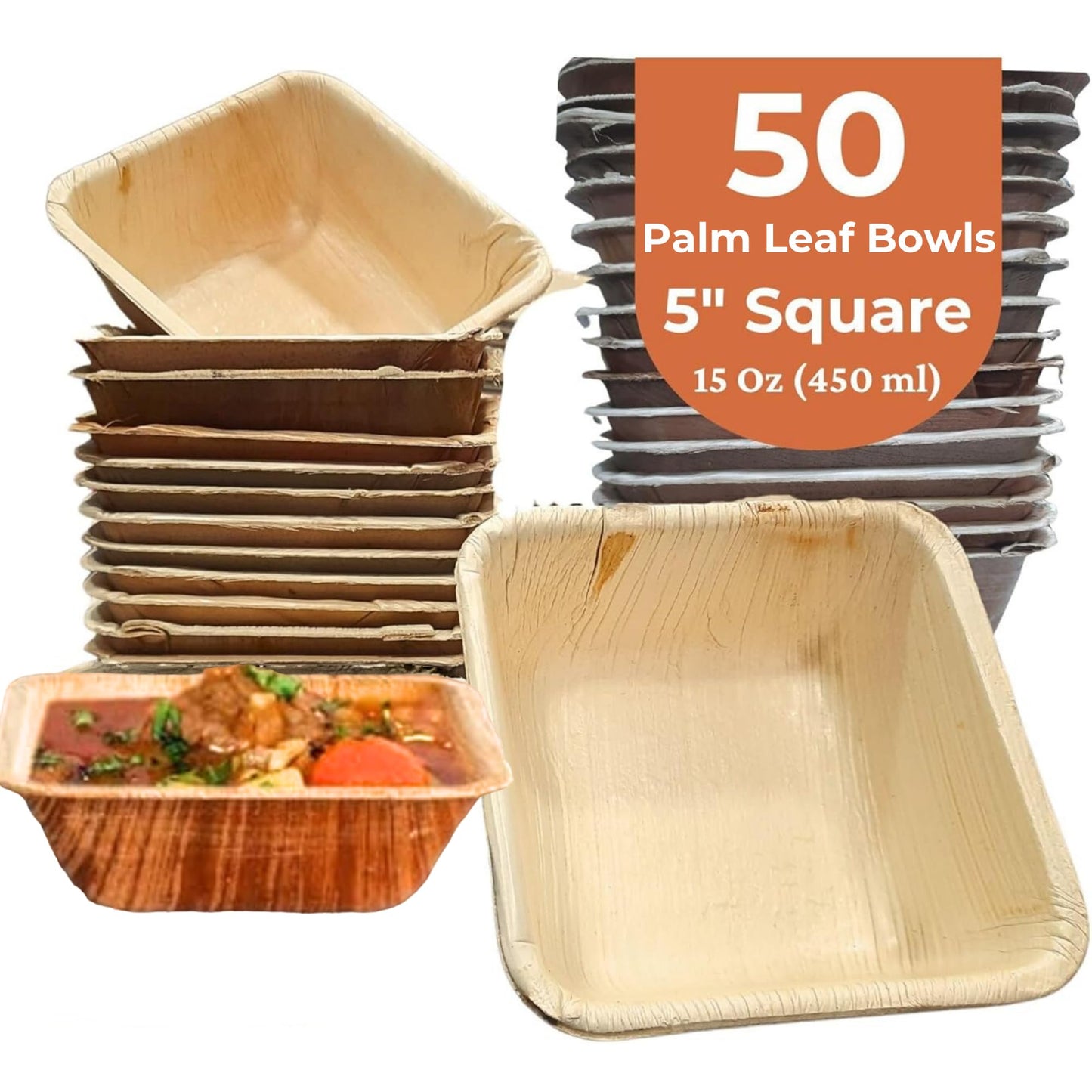 5 Inch Palm Leaf Bowls Square (50 Pack) | Small Bamboo Look Compostable Bowls | Rustic Disposable Dinnerware for Snacks, Appetizer, Dip, Dessert, Salad, Soup | Bamboo, Plastic, Paper Bowl Alternative