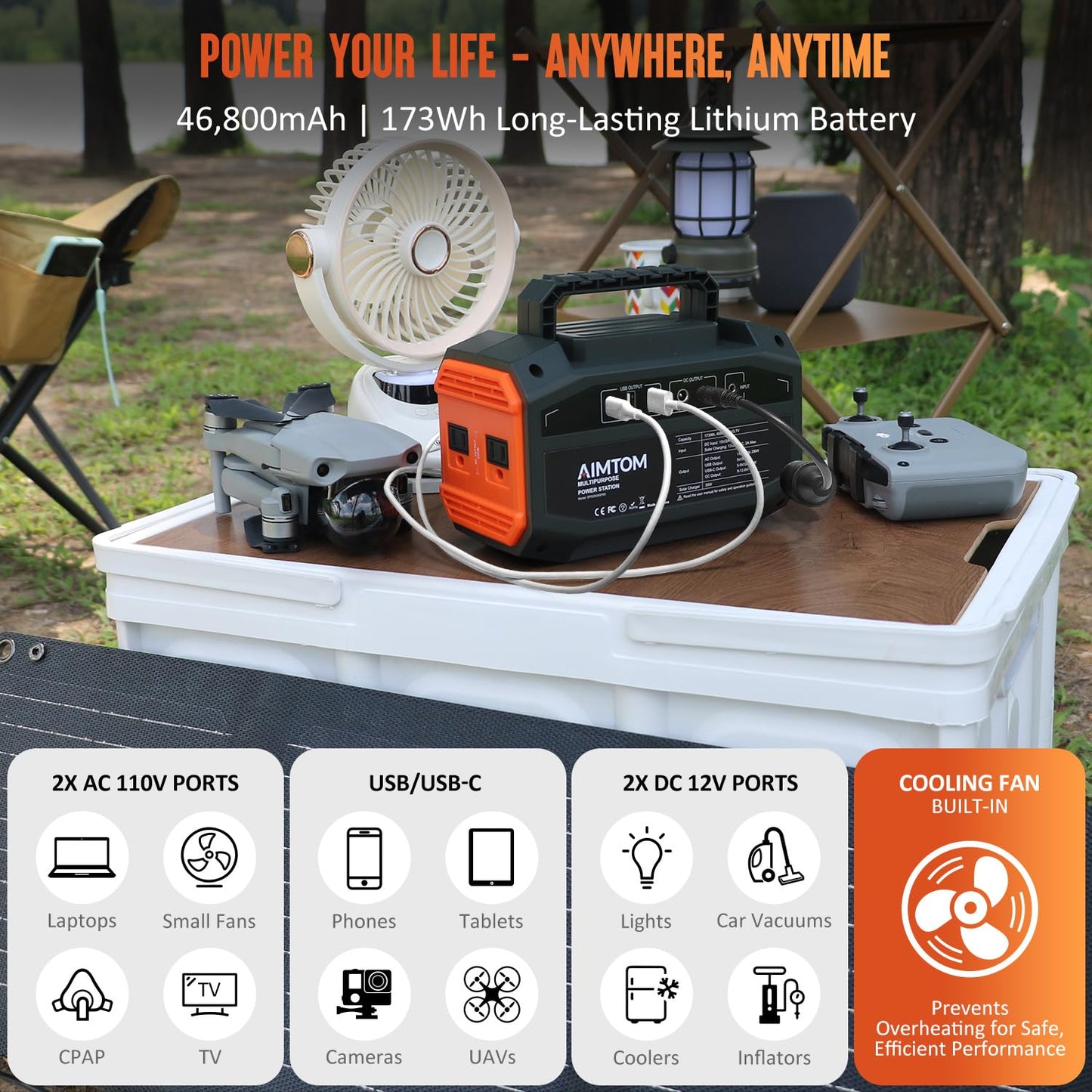 AIMTOM Portable Power Station 173Wh Lithium Battery, 200W AC Outlet (250W Surge), 18W USB-C, 2x USB-A, 2x 12V DC Outputs, LED Flashlight โ Ideal for Camping, Travel, Emergency Backup, RV, Home Use