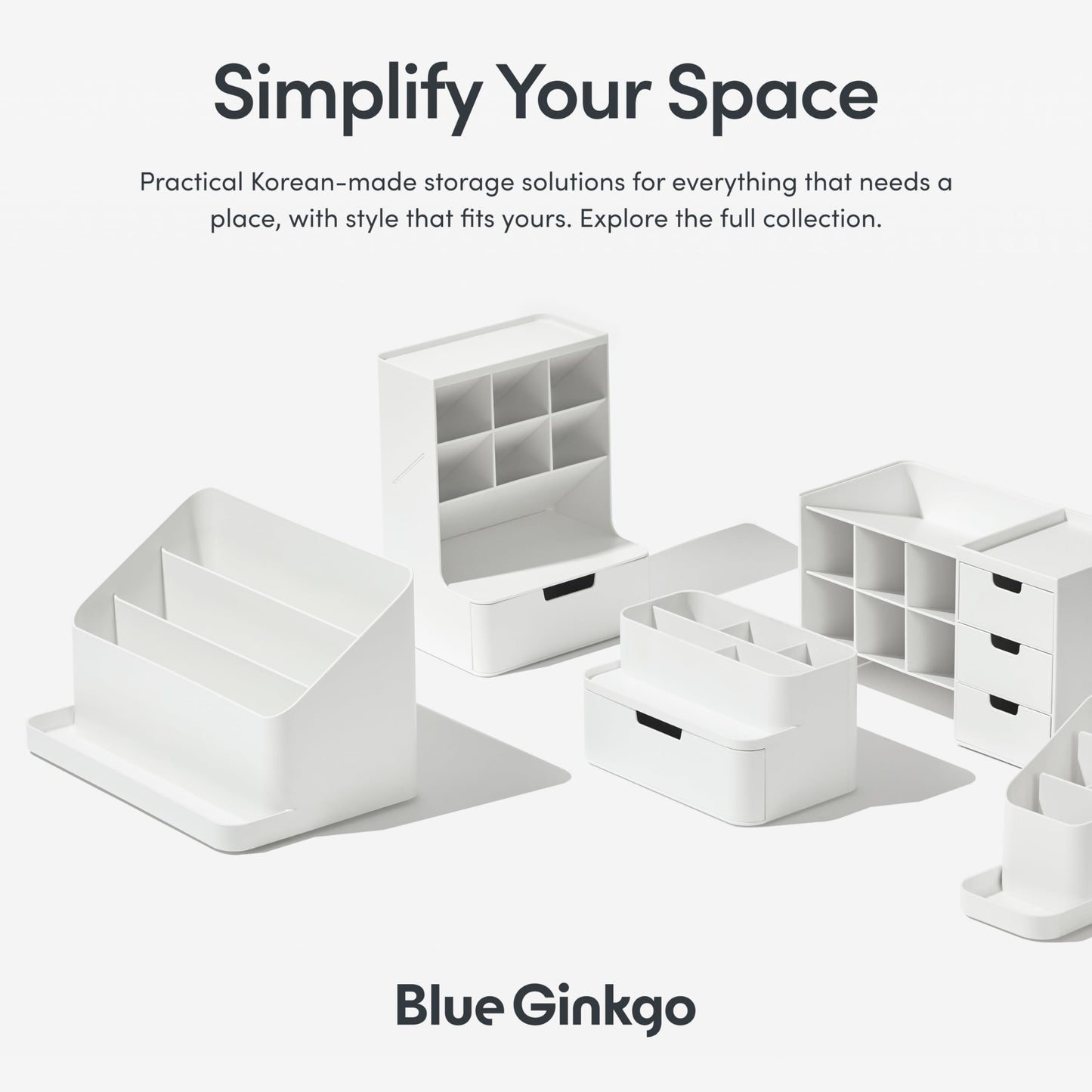 Blue Ginkgo Desk Organizer – Korean-Made Office Storage for Pens, Notes, Mail, and Supplies (White)