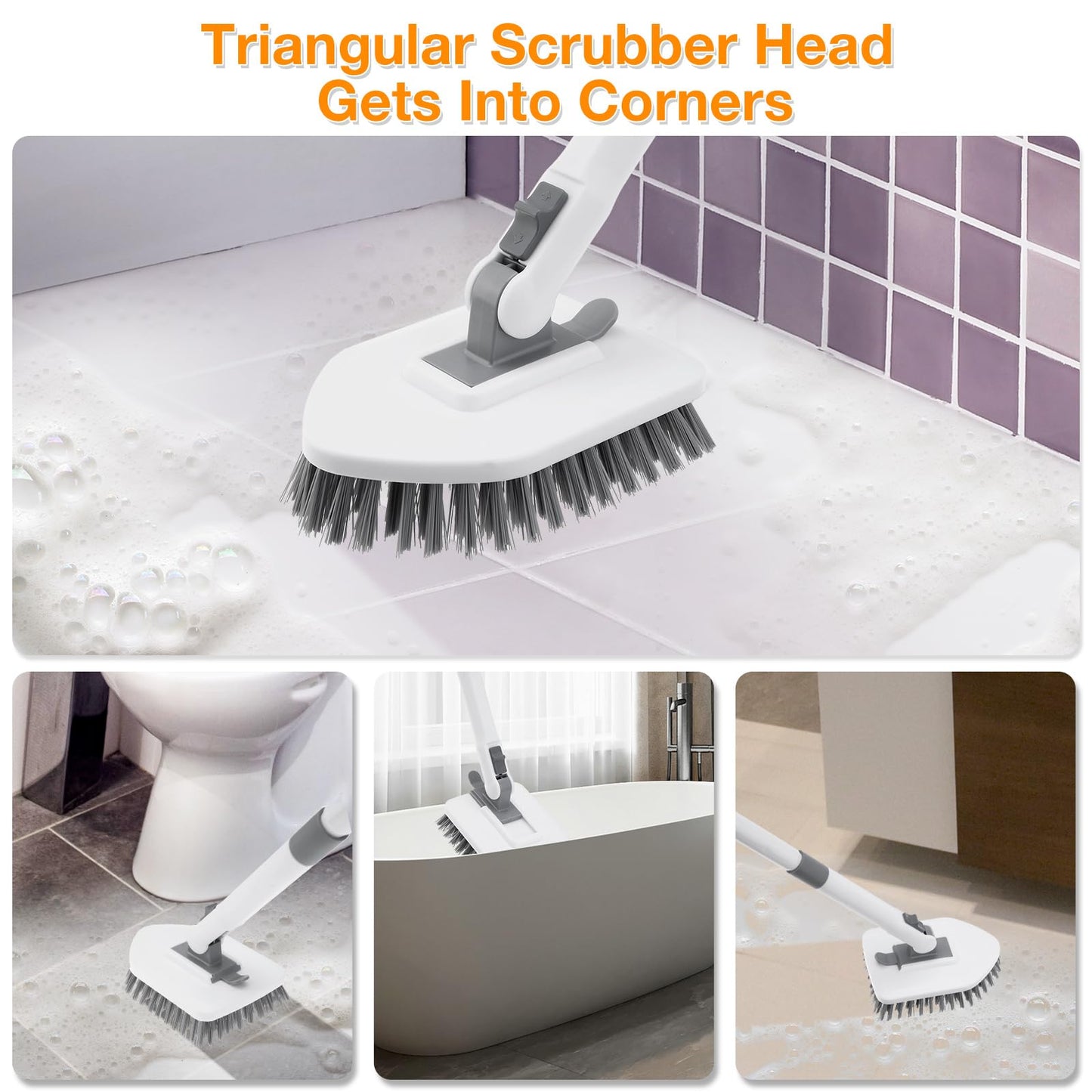 4 in 1 Shower Scrubber Cleaning Brush, Tub and Tile Scrubber with Long Handle, Grout Brush Stiff Bristles Scrub Sponge Brushes Microfiber Pad, for Toilet Bathroom Kitchen Wall Floor Glass Bathtub Sink