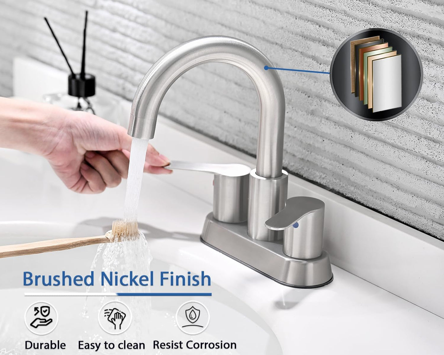 Brushed Nickel Bathroom Faucet, Two Handle Stainless Steel Bathroom Sink Faucet for 2 or 3 Hole, 4 inch Faucet Bathroom Sink with Pop Up Drain and Supply Line, RV Lavatory Vanity Sink Faucet, BF020L