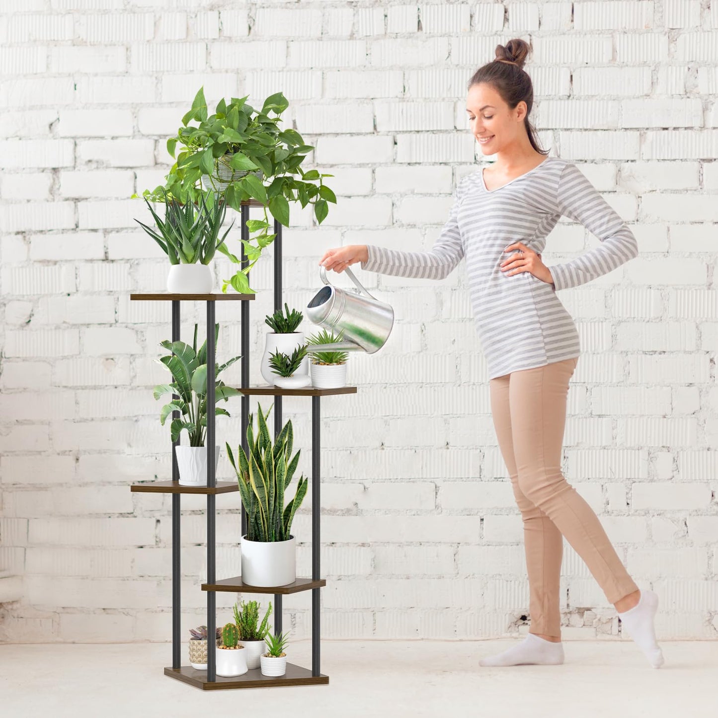 Oppro 6 Tier Plant Stands Indoor, Metal Wood Tiered Corner Plant Stand Pot Holder, Wood Flower Shelf Display Rack for Living Room Bedroom Outdoor Balcony Garden Patio, Oak