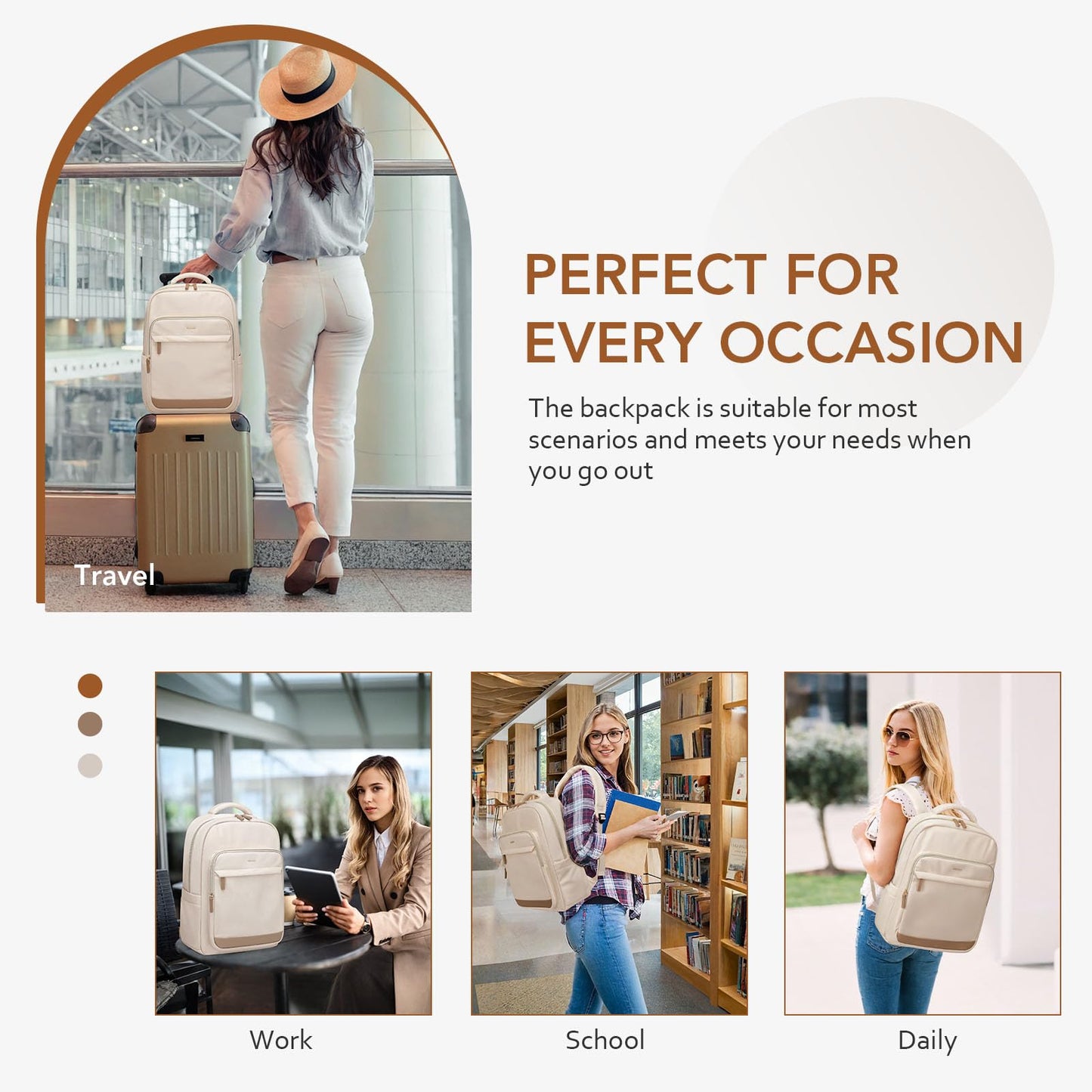 MDODO Laptop Backpack for Women,Travel Backpack with Laptop Compartment,Casual Daypack College Bookbag Computer Work Backpack,15.6Inch, Beige