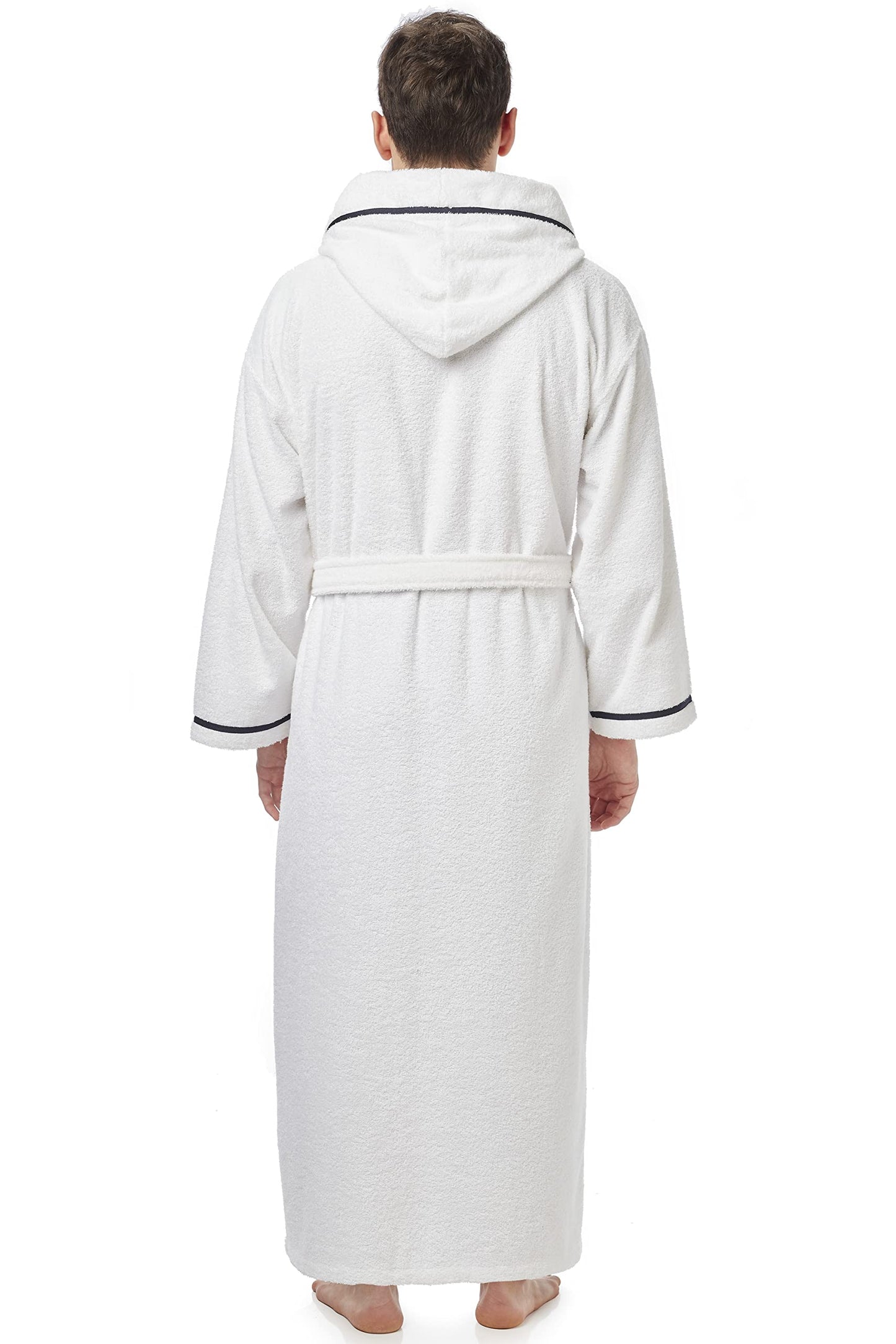 Arus Men's Hooded Classic Bathrobe Turkish Cotton Robe with Full Length Options, White With Navy Blue Border, Large-X-Large Extra Tall