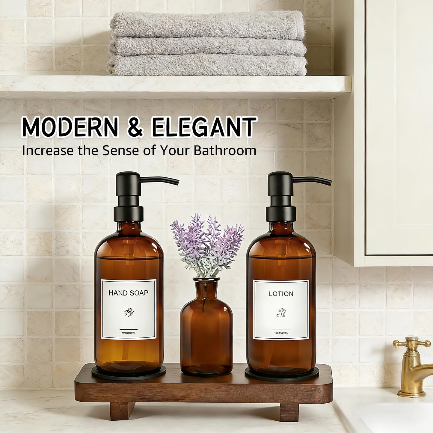 KEYWING Kitchen Soap Dispenser Set with Wood Tray, 16oz Amber Glass Soap Dispensers with Stainless Steel Pumps, Hand and Dish Soap Dispenser Set for Kitchen, Soap and Lotion Dispenser for Bathroom